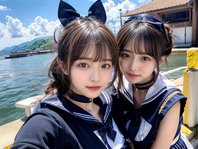 (((very heavy chest))),NSFW, 16k raw photos, highest quality, masterpiece, ultra high resolution, ((She is wearing Beautiful exposed redShe is wearing (a high school sailor uniform).
(navy sailor collar:1.4),(white shirt:1.4),(navy pleats skirt:1.4),(navy bow:1.4))).movie, ((2 girls, , 2 schoolgirls)),((attractive expression)),eyes shine、 looking at the viewer, natural skin texture very heavy chest))),((( metal black ribbon around the neck))).star handle mold、((yellow eyes)),Realistic eye and face details, lip whole, lipstick makeup), fluffy ponytail hair, laughter, Beautiful feet, tall woman, ((glowing skin)),((Beautiful armpit)), slim_feet, huge breasts, cleavage, beautiful natural places, beautiful flower garden、(detailed background,highly exposed, huge breasts, blurred background,, JK ribbon on the neck, jk ribbon, golden hair, bracelet, water, bangs, split your lips、armpit、beautiful hip line、glowing skin、(((eyes shine brightly))),lotion skin、High leg、((black hair)),highly exposed、Skimpy pink luxury fur coat、beautiful sea background、wind effect、