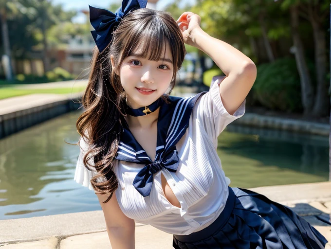 (((very heavy chest))),NSFW, 16k raw photos, highest quality, masterpiece, ultra high resolution, ((She is wearing Beautiful exposed redShe is wearing (a high school sailor uniform).
(navy sailor collar:1.4),(white shirt:1.4),(navy pleats skirt:1.4),(navy bow:1.4))).movie, ((2 girls, , 2 girls)),((attractive expression)),eyes shine、 looking at the viewer, natural skin texture very heavy chest))),((( metal black ribbon around the neck))).star handle mold、((yellow eyes)),Realistic eye and face details, lip whole, lipstick makeup), fluffy ponytail hair, laughter, Beautiful feet, tall woman, ((glowing skin)),((Beautiful armpit)), slim_feet, huge breasts, cleavage, beautiful natural places, beautiful flower garden、(detailed background,highly exposed, huge breasts, blurred background,, JK ribbon on the neck, jk ribbon, golden hair, bracelet, water, bangs, split your lips、armpit、beautiful hip line、glowing skin、(((eyes shine brightly))),lotion skin、High leg、((black hair)),highly exposed、Skimpy pink luxury fur coat、beautiful sea background、wind effect、