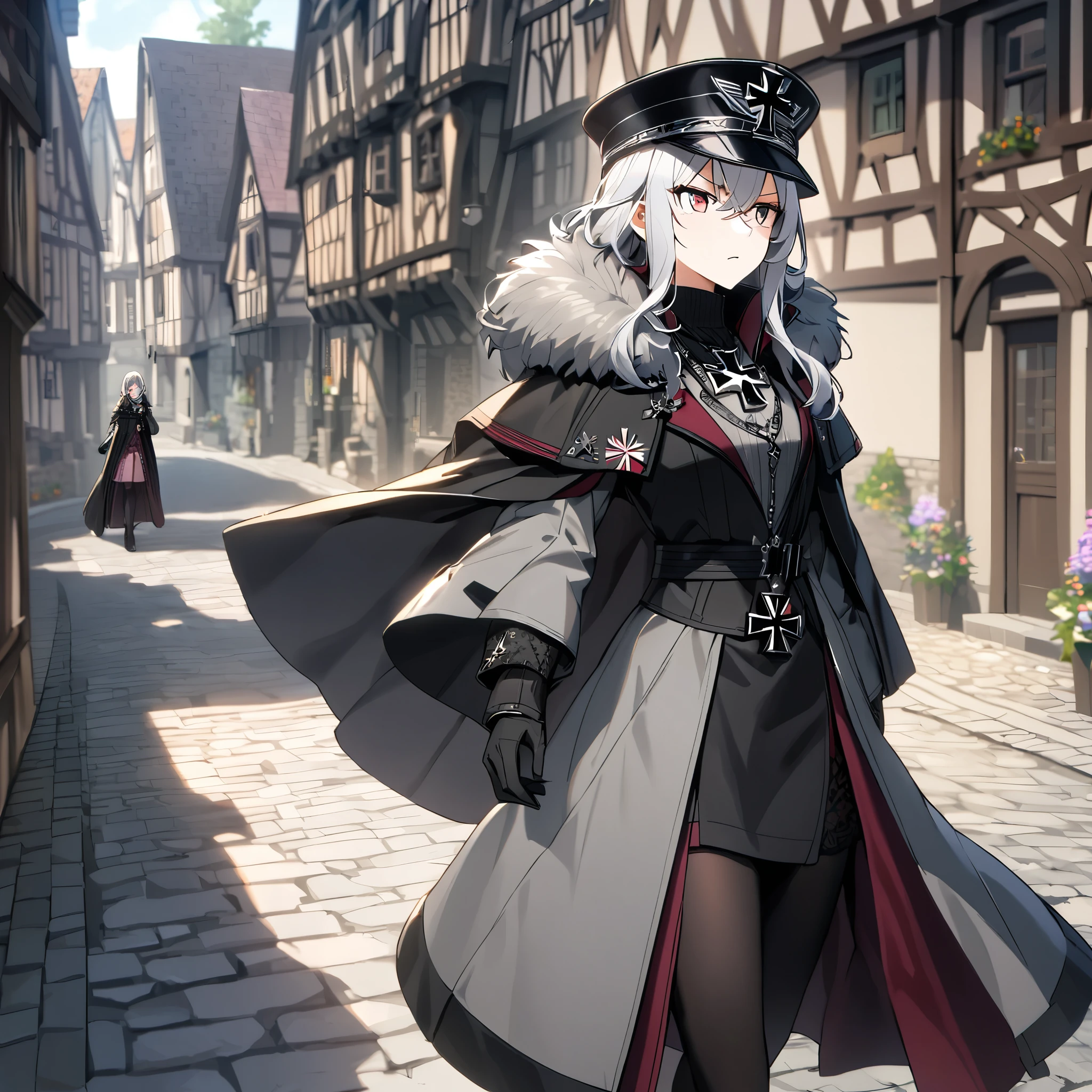 A woman wearing a luxurious gray cold-weather coat, black tights, black military hat, long black cape, long silver hair, burgundy eyes, serious face, black gloves, German iron cross necklace, walking on a stone sidewalk luxurious medieval, in a traditional German town,
