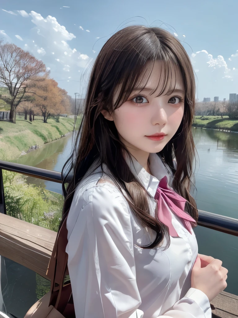 (detailedな美しい目, detailedな美しい顔, 最高masterpiece side light, masterpiece, highest quality, detailed, Highest Resolution:1.2)、(1 girl, beautiful girl, Shiny skin, Playful expression, Looking down, View Viewer)、(Long glossy hair, Pink Eyes, skirt, ribbon, Button-down shirt) 45 degrees, Top View,  Landscape, (手のdetailed)、Stroll along the river bank,A railway bridge is visible in the distance、Physically Based Octane Rendering、Eye highlights, Focus on the eyes, Professional Photography、