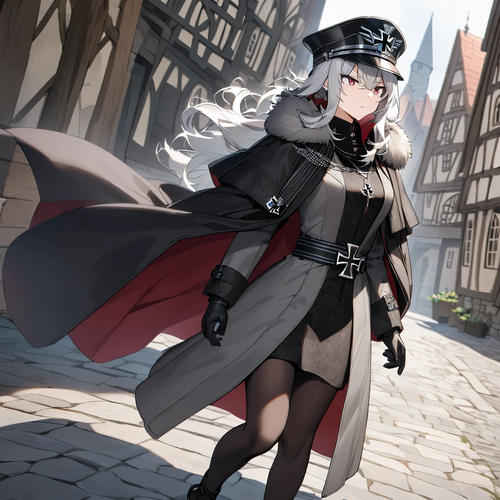 A woman wearing a luxurious gray cold-weather coat, black tights, black military hat, long black cape, long silver hair, burgundy eyes, serious face, black gloves, German iron cross necklace, walking on a stone sidewalk luxurious medieval, in a traditional German town,
