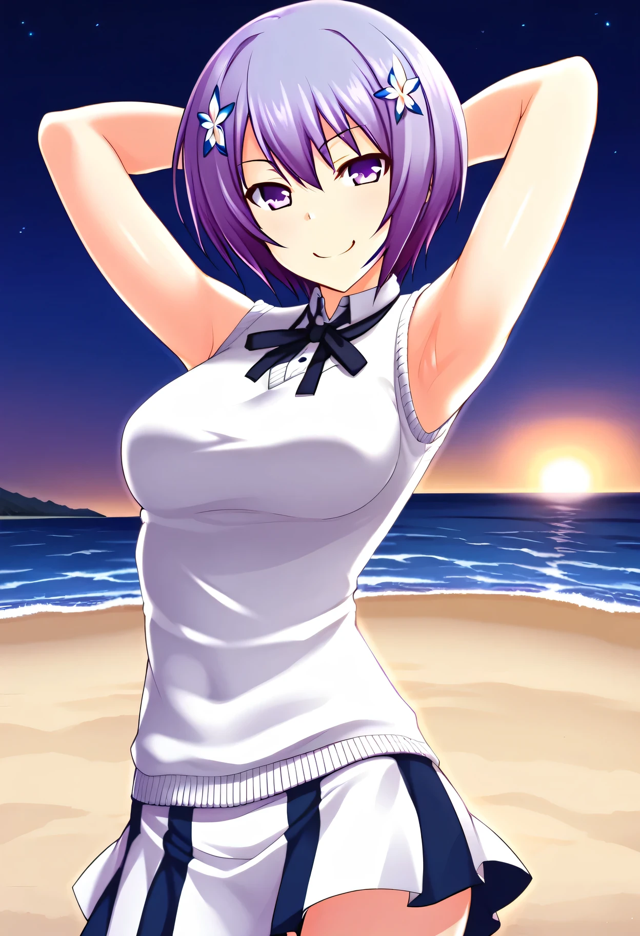 Shiina Miyako, purple hair, short hair, purple eyes, hair ornament, , short sleeves, white sweater vest, white shirt, white skirt, neck ribbon, black ribbon, high quality, solo, night sky, beach, arms behind head, contrapposto, closed mouth, spread armpits, (cowboy shot:1.5), looking at viewer, smile, best quality, smirk, sexy,