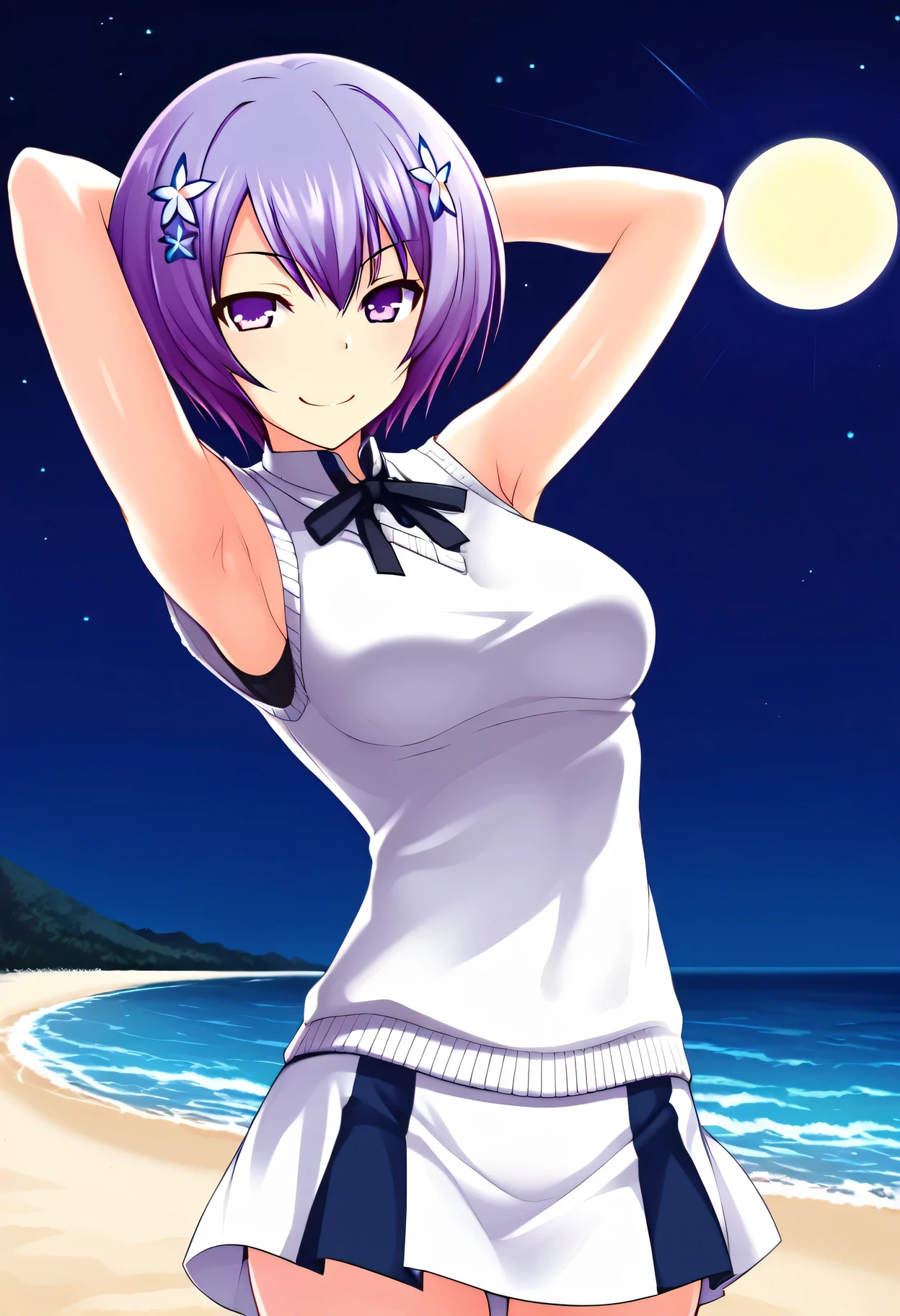 Shiina Miyako, purple hair, short hair, purple eyes, hair ornament, , short sleeves, white sweater vest, white shirt, white skirt, neck ribbon, black ribbon, high quality, solo, night sky, beach, arms behind head, contrapposto, closed mouth, spread armpits, (cowboy shot:1.5), looking at viewer, smile, best quality, smirk, sexy,