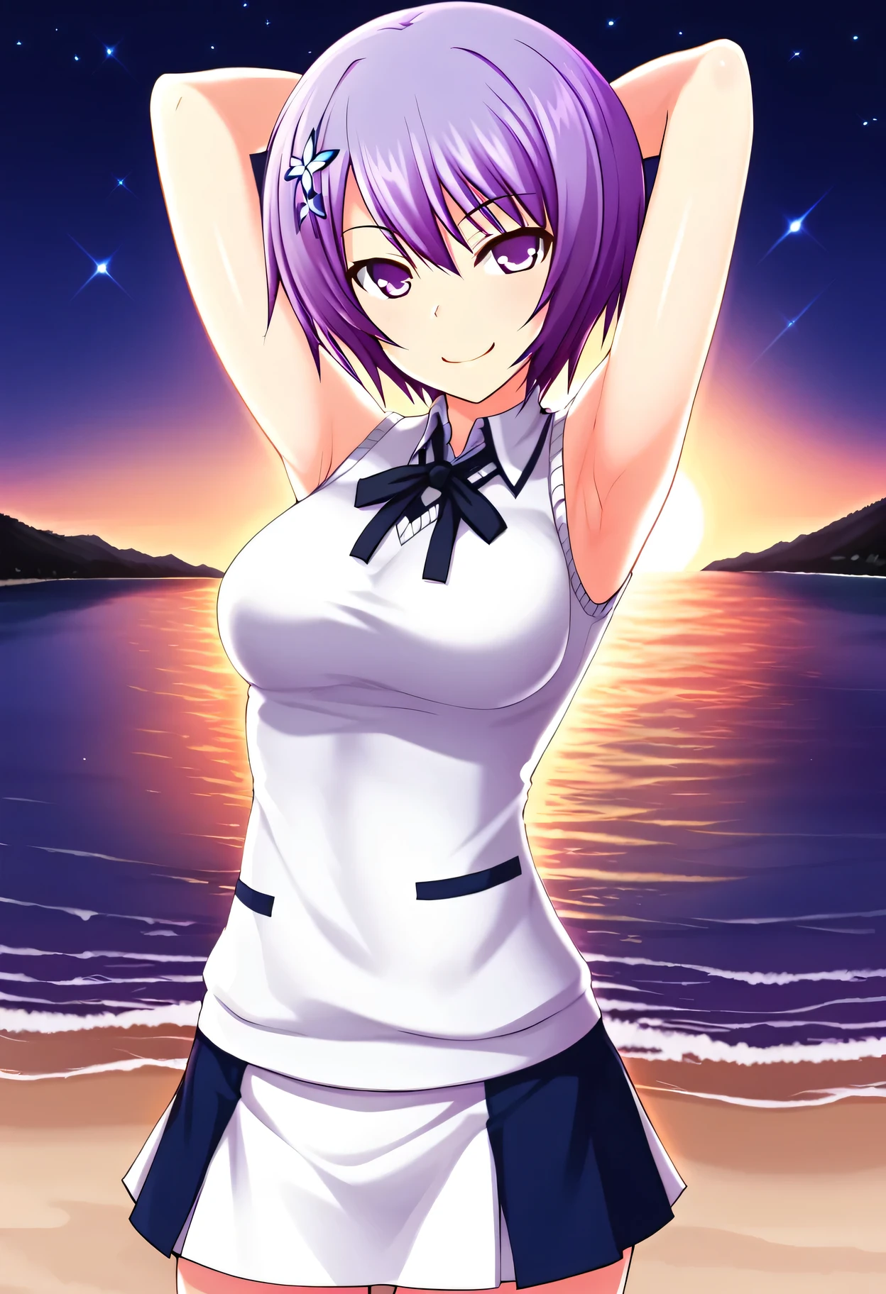 Shiina Miyako, purple hair, short hair, purple eyes, hair ornament, , short sleeves, white sweater vest, white shirt, white skirt, neck ribbon, black ribbon, high quality, solo, night sky, beach, arms behind head, contrapposto, closed mouth, spread armpits, (cowboy shot:1.5), looking at viewer, smile, best quality, smirk, sexy,