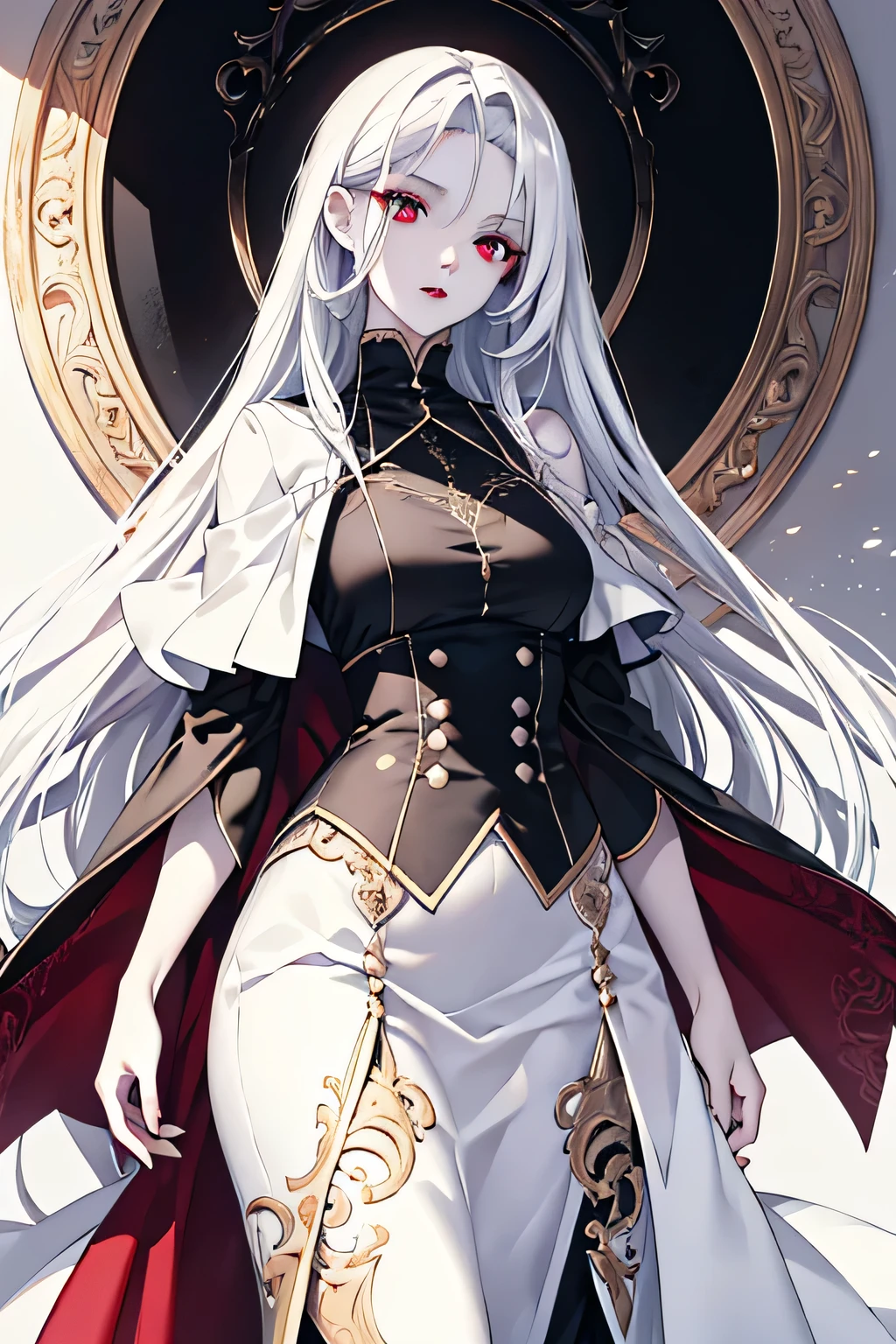 A woman, white skin, white smooth long hair, crimson eyes, albino, best quality, high res, realistic lighting, french fashion, middle age, detailed eyes, detailed clothes, albinism, vampire fangs