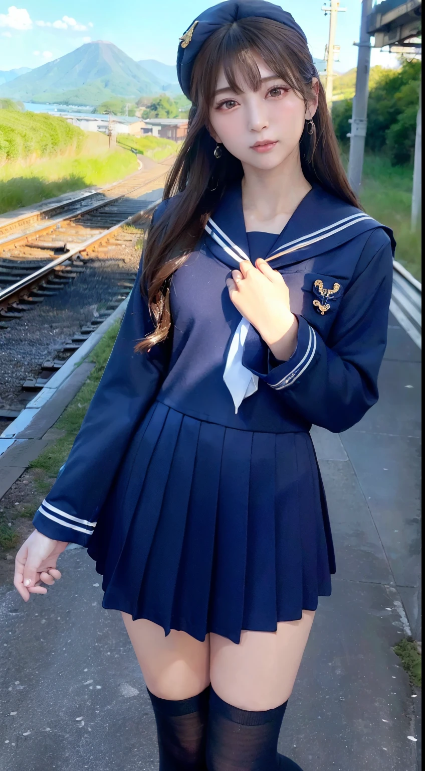 mix4, (16 K, Raw photography, Top image quality, ​masterpiece: 1.45), (realisitic, Photorealsitic: 1.37), one girls, 7．5, etc、No skin exposure due to clothing、well maintained、Random hairstyle、Standing figure，Lunch time、a very cute,countryside view,, profetional lighting, photon maping、physically-based renderingt, Gradient dark brown hair,Crisp backgrounds and high resolution, a handsome, Well-groomed and beautiful eyes、Large double eyelids、Very shiny、girl with, (((student clothes、Navy blue long-sleeved sailor suit worn by Japan 、Navy blue sailor color、scarf、Navy blue miniskirt, Small beret、high socks、lowfers))), Top Quality Photos, hight resolution, 1080p, (clearface), (Detailed face description), (Detailed hand description), (​masterpiece), (Exquisite CG)、extreme light and shadows、dishevled hair、master work、abundant detail、(Fine facial features)、(top quality photo)、(masuter piece)、(A detailed eye)、Look in front of you、Fine clavicle、((Slender big))、(((Japan  in sailor suit)))、((Beautiful face like an idol))、((country、train track、railroad crossing、Mountains in the distance々))、(((neat and cute)))、earrings、A big smile、Drawing the whole body from the knees、Do not draw nasolabial folds、(((Cute sailor suit)))、(Big breasts that hang down big:1.2)、Big buttocks with tension、Two arms and two legs、(((from the front side:0.3)))、bare hand、No mask、Arrival train、