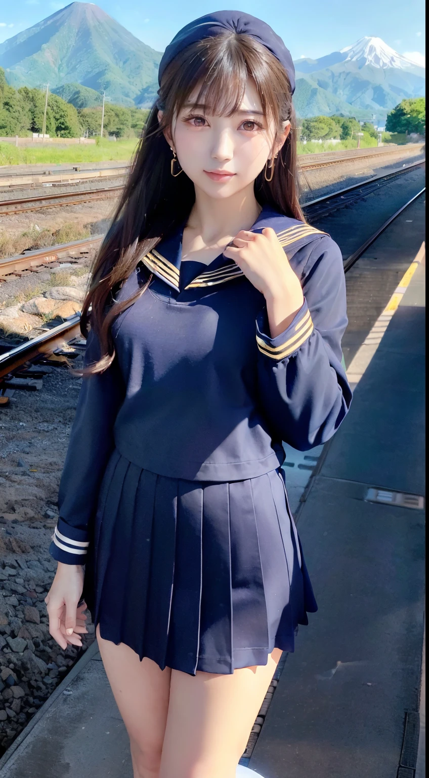 mix4, (16 K, Raw photography, Top image quality, masterpiece: 1.45), (realisitic, Photorealsitic: 1.37), one girls, 7.5, etc、No skin exposure due to clothing、well maintained、Random hairstyle、Standing figure,Lunch time、a very cute,countryside view,, profetional lighting, photon maping、physically-based renderingt, Gradient dark brown hair,Crisp backgrounds and high resolution, a handsome, Well-groomed and beautiful eyes、Large double eyelids、Very shiny、girl with, (((student clothes、Navy blue long-sleeved sailor suit worn by Japan 、Navy blue sailor color、scarf、Navy blue miniskirt, Small beret、high socks、lowfers))), Top Quality Photos, hight resolution, 1080p, (clearface), (Detailed face description), (Detailed hand description), (masterpiece), (Exquisite CG)、extreme light and shadows、dishevled hair、master work、abundant detail、(Fine facial features)、(top quality photo)、(masuter piece)、(A detailed eye)、Look in front of you、Fine clavicle、((Slender big))、(((Japan in sailor suit)))、((Beautiful face like an idol))、((country、train track、railroad crossing、Mountains in the distance々))、(((neat and cute)))、earrings、A big smile、Drawing the whole body from the knees、Do not draw nasolabial folds、(((Cute sailor suit)))、(Big breasts that hang down big:1.2)、Big buttocks with tension、Two arms and two legs、(((from the front side:0.3)))、bare hand、No mask、Arrival train、