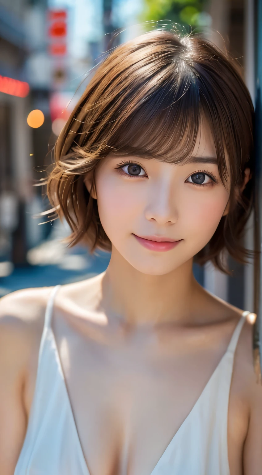 (highest quality,8K quality,masterpiece:1.3,),(超A high resolution:1.3,Photorealistic:1.4,Raw photo:1.2),(Ultra-detailed:1.2,Glowing Skin,Detailed skin:1.1),(Detailed face,Perfect Anatomy,Caustics:1.2), (Symmetrical eyes:1.3),1 girl,cute,Japanese,22 years old,Japanese Ido,Natural brown hair,Short hair curled outwards,cute目,Natural Makeup,Laughter,Looking at the camera,On the face,Face Focus,Street Corner,Professional Writing,Natural soft light,Completely naked,NSFW,Completely naked