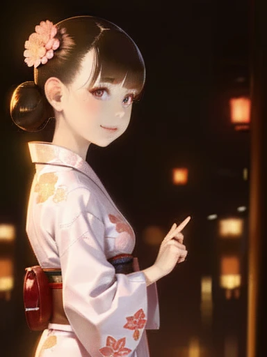 5 biologically correct fingers、Placing hand on face、A close-up of your face、Realistic, Real person, (Pale skin: 1.2), RAW Photos, Realistic, Shiny skin, Shiny Hair、(25 year old woman with bangs) and (Hair Bun) and (Brown Hair) and (Orange eyes) , (yukata) and (pink) and (Floral)、Embarrassing, smile, The background is the night of a Japanese summer festival.、alone、Are standing