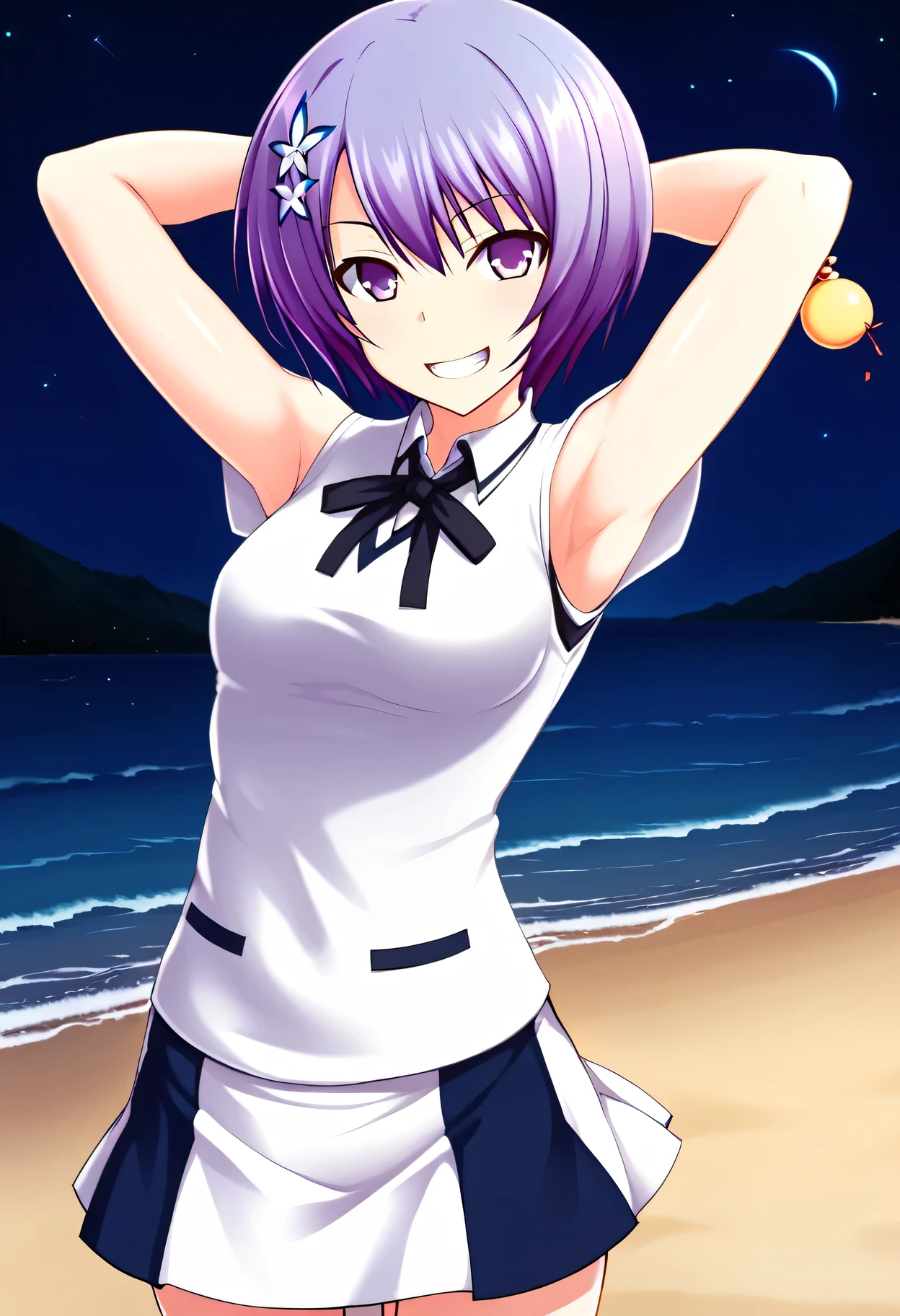 Shiina Miyako, purple hair, short hair, purple eyes, hair ornament, , short sleeves, white sweater vest, white shirt, white skirt, neck ribbon, black ribbon, high quality, solo, night sky, beach, arms behind head, contrapposto, closed mouth, spread armpits, (cowboy shot:1.5), looking at viewer, smile, best quality, grin,