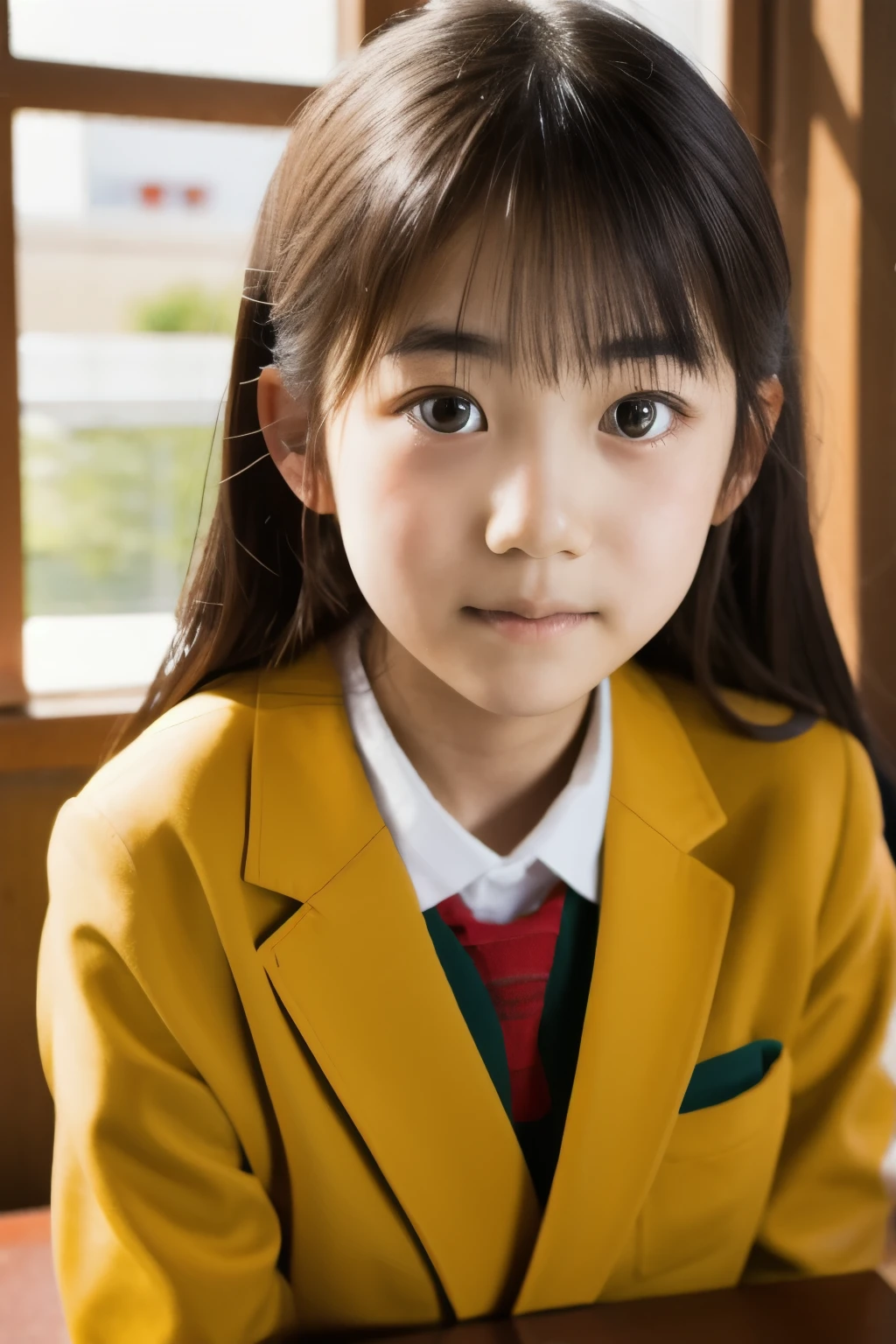 lens: 135mm f1.8, (highest quality),(RAW Photos), (Tabletop:1.1), (Beautiful 12 year old Japanese girl), Cute Face, (Deeply chiseled face:0.7), (freckles:0.4), dappled sunlight, Dramatic lighting, (Japanese School Uniform), (In the classroom), shy, (Close-up shot:1.2), (Serious face),, (Sparkling eyes)、(sunlight)