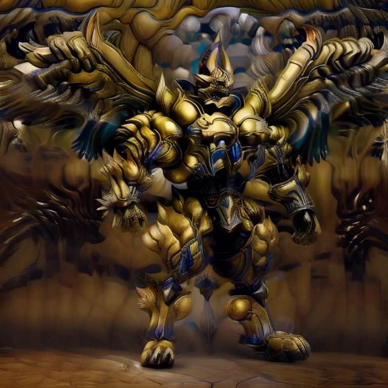 (Pokémon) (Zeraora), (masterpiece, best quality, detailed:1.2), (nj5furry), (medieval armor:1.3) sparkling skin, Vibrant colors, 4K, GOLD armor, Its full plate armor emphasizes the muscles. big muscle (pecs, triceps, traps) unusually developed muscular body, body full of huge muscles. showing off muscles, pectorales enormes. Exaggeratedly huge muscles. Gigachad Muscular, Very muscular, Large pecs, Spread wings, It has wings. have big wings. has 10 large wings. It has large golden wings. The feathers on its wings are detailed and realistic. FULL BODY, giant, huge body, long legs, gigantic