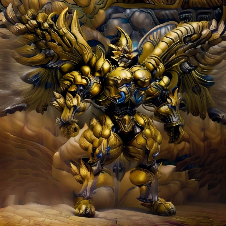 (Pokémon) (Zeraora), (masterpiece, best quality, detailed:1.2), (nj5furry), (medieval armor:1.3) sparkling skin, Vibrant colors, 4K, GOLD armor, Its full plate armor emphasizes the muscles. big muscle (pecs, triceps, traps) unusually developed muscular body, body full of huge muscles. showing off muscles, pectorales enormes. Exaggeratedly huge muscles. Gigachad Muscular, Very muscular, Large pecs, Spread wings, It has wings. have big wings. has 10 large wings. It has large golden wings. The feathers on its wings are detailed and realistic. FULL BODY, giant, huge body, long legs, gigantic