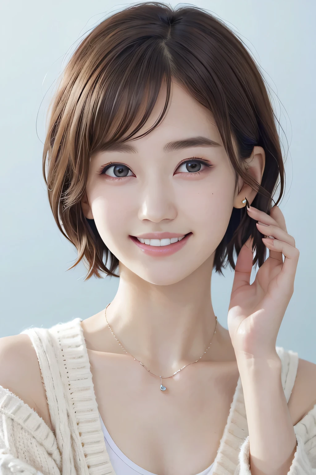 205 ((short hair)), 20-year-old female, In underwear、Put a cardigan over your shoulders、 A refreshing smile、Beautiful teeth alignment、Dark eyeliner、Dark brown hair、ear piercing、Necklace around the neck、Looking at the camera