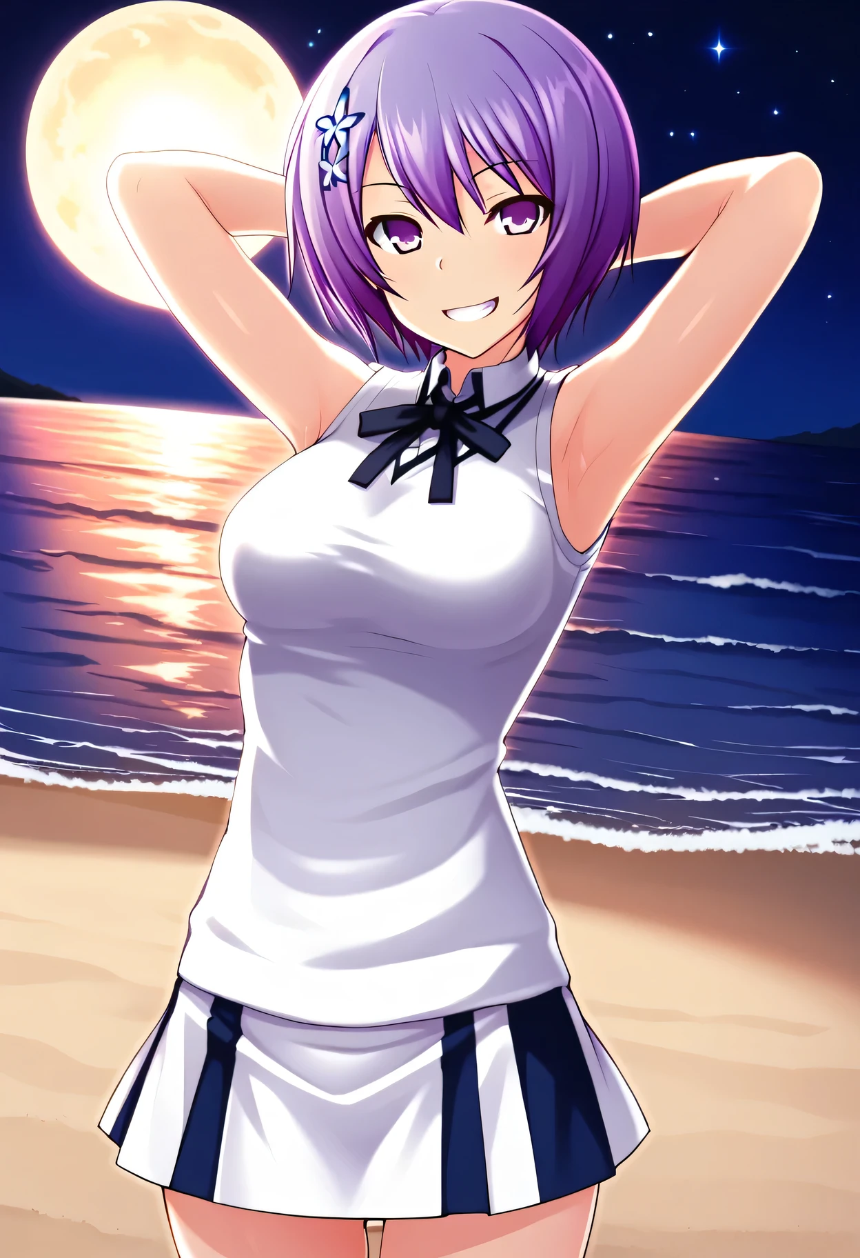 Shiina Miyako, purple hair, short hair, purple eyes, hair ornament, , short sleeves, white sweater vest, white shirt, white skirt, neck ribbon, black ribbon, high quality, solo, night sky, beach, arms behind head, contrapposto, closed mouth, spread armpits, (cowboy shot:1.5), looking at viewer, smile, best quality, grin,