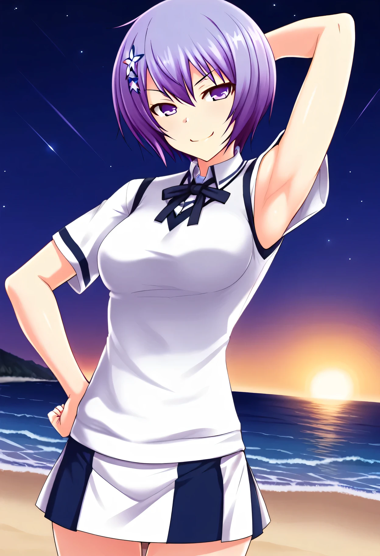 Shiina Miyako, purple hair, short hair, purple eyes, hair ornament, , short sleeves, white sweater vest, white shirt, white skirt, neck ribbon, black ribbon, high quality, solo, night sky, beach, arm behind head, hand on hip, contrapposto, closed mouth, spread armpits, (cowboy shot:1.5), looking at viewer, smile, best quality, smirk,