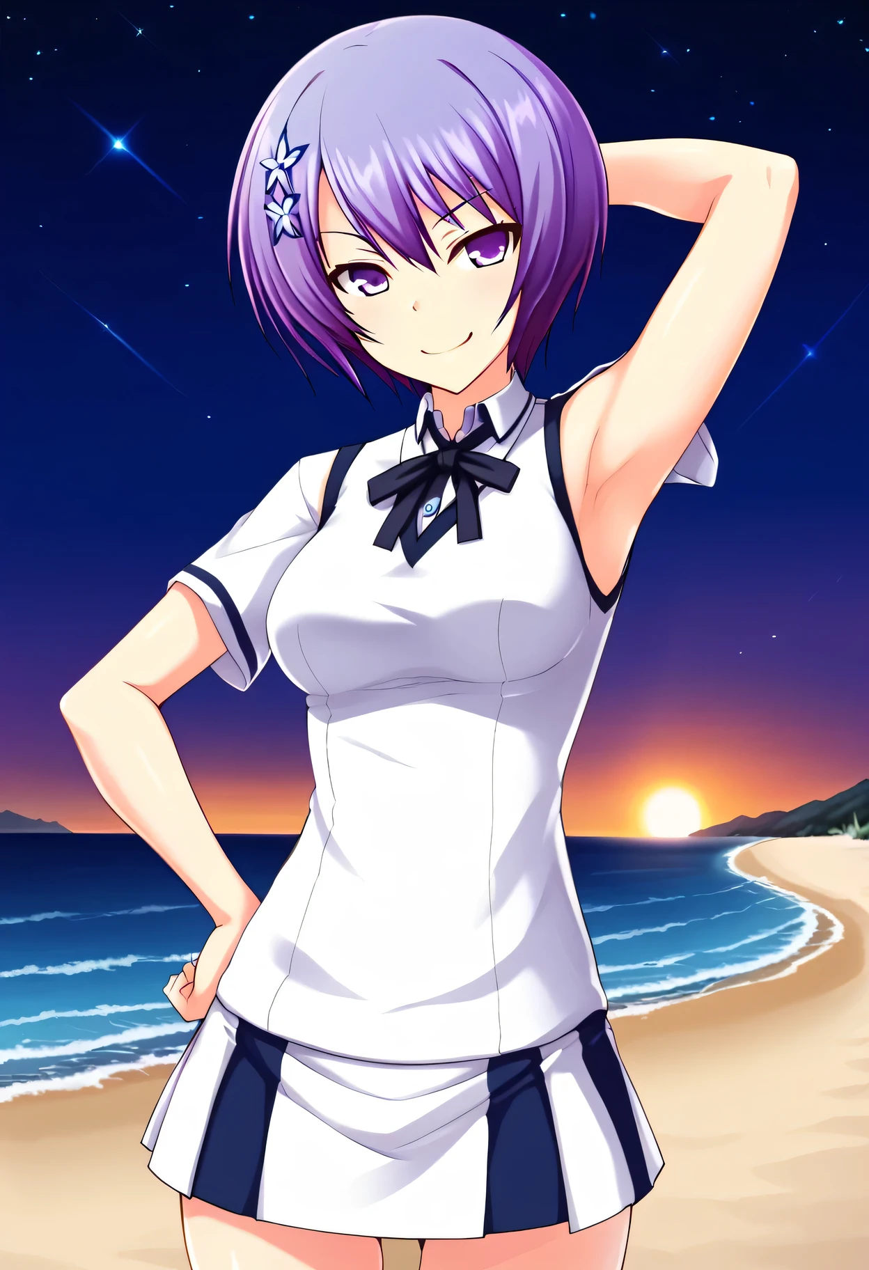 Shiina Miyako, purple hair, short hair, purple eyes, hair ornament, , short sleeves, white sweater vest, white shirt, white skirt, neck ribbon, black ribbon, high quality, solo, night sky, beach, arm behind head, hand on hip, contrapposto, closed mouth, spread armpits, (cowboy shot:1.5), looking at viewer, smile, best quality, smirk,