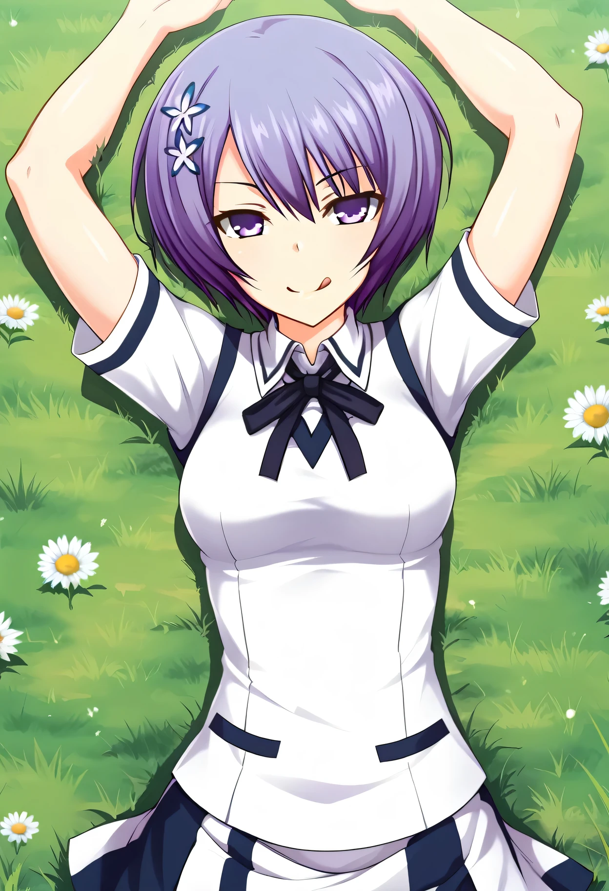 Shiina Miyako, purple hair, short hair, purple eyes, hair ornament, , short sleeves, white sweater vest, white shirt, white skirt, neck ribbon, black ribbon, high quality, looking at viewer, closed mouth, on back, on grass, arms up, spread arms, expressionless, (cowboy shot:1.5), lying, best quality, smirk, play dead, tongue out,