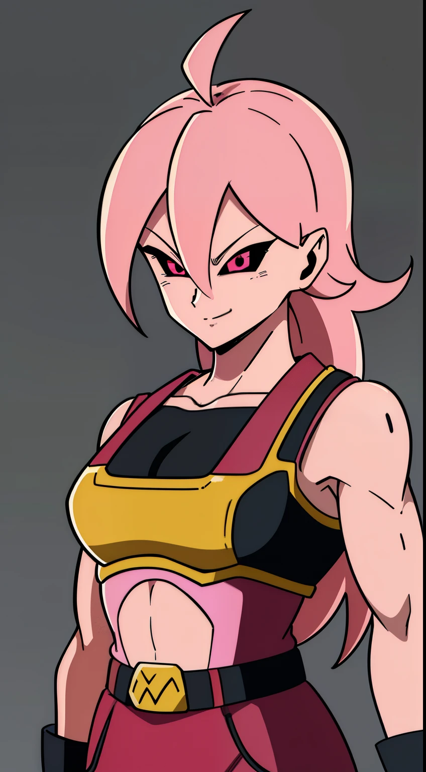 (high-quality, breathtaking),(expressive eyes, perfect face) Symmetrical Eyes, portrait, dragon ball z xenoverse 2, 1girl, female, alien, Majin Race, FMajin, Female Majin Buu, (pink skin:1.1), bubblegum pink skin color, red colored skin, smiling,(black sclera:1.2), red eyes, tentacle hair, brown and black saiyan armor, muscular, alien, M, shoulder holes, standing, no nose, grey background, long length hair, wavy hair, hair between eyes, belt, scouter
