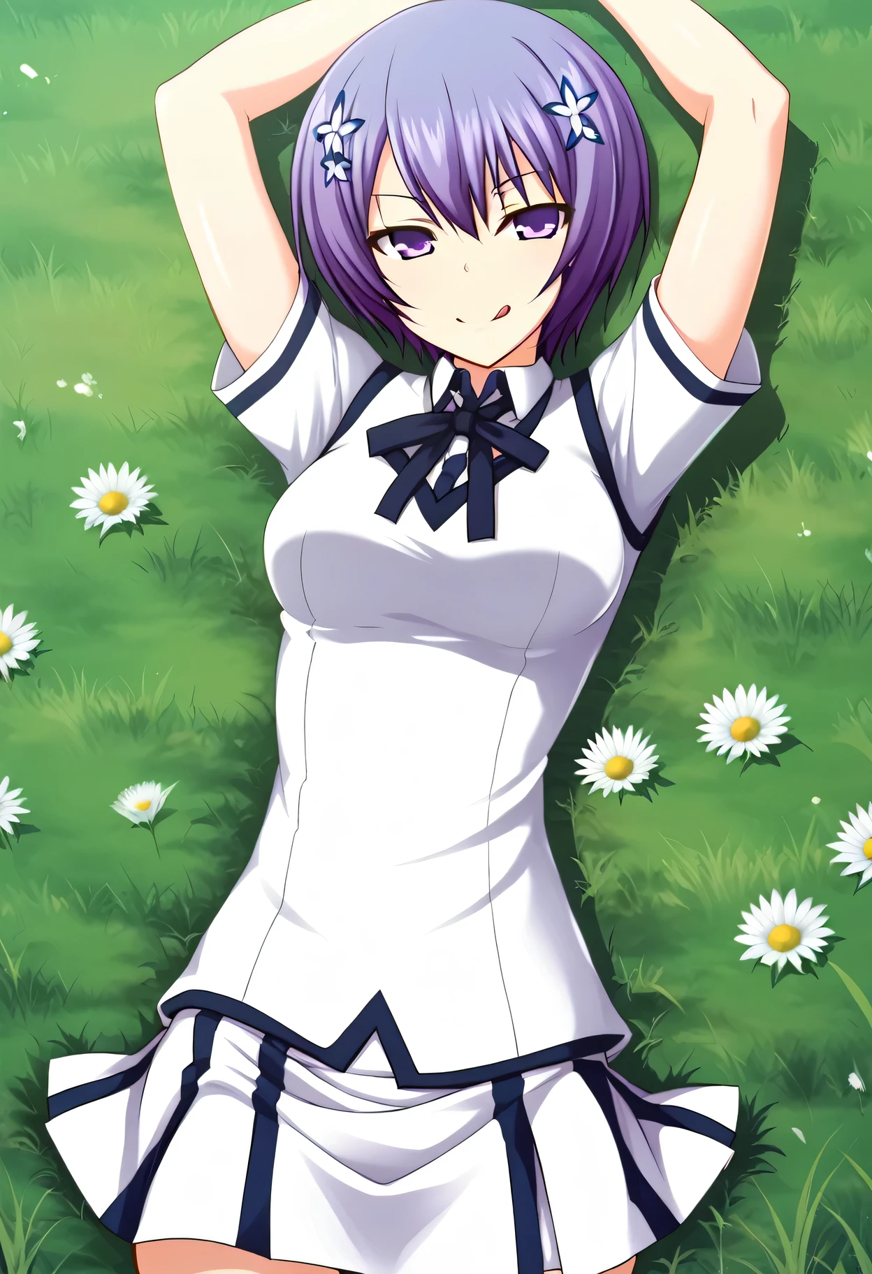 Shiina Miyako, purple hair, short hair, purple eyes, hair ornament, , short sleeves, white sweater vest, white shirt, white skirt, neck ribbon, black ribbon, high quality, looking at viewer, closed mouth, on back, on grass, arms up, spread arms, expressionless, (cowboy shot:1.5), lying, best quality, smirk, play dead, tongue out,