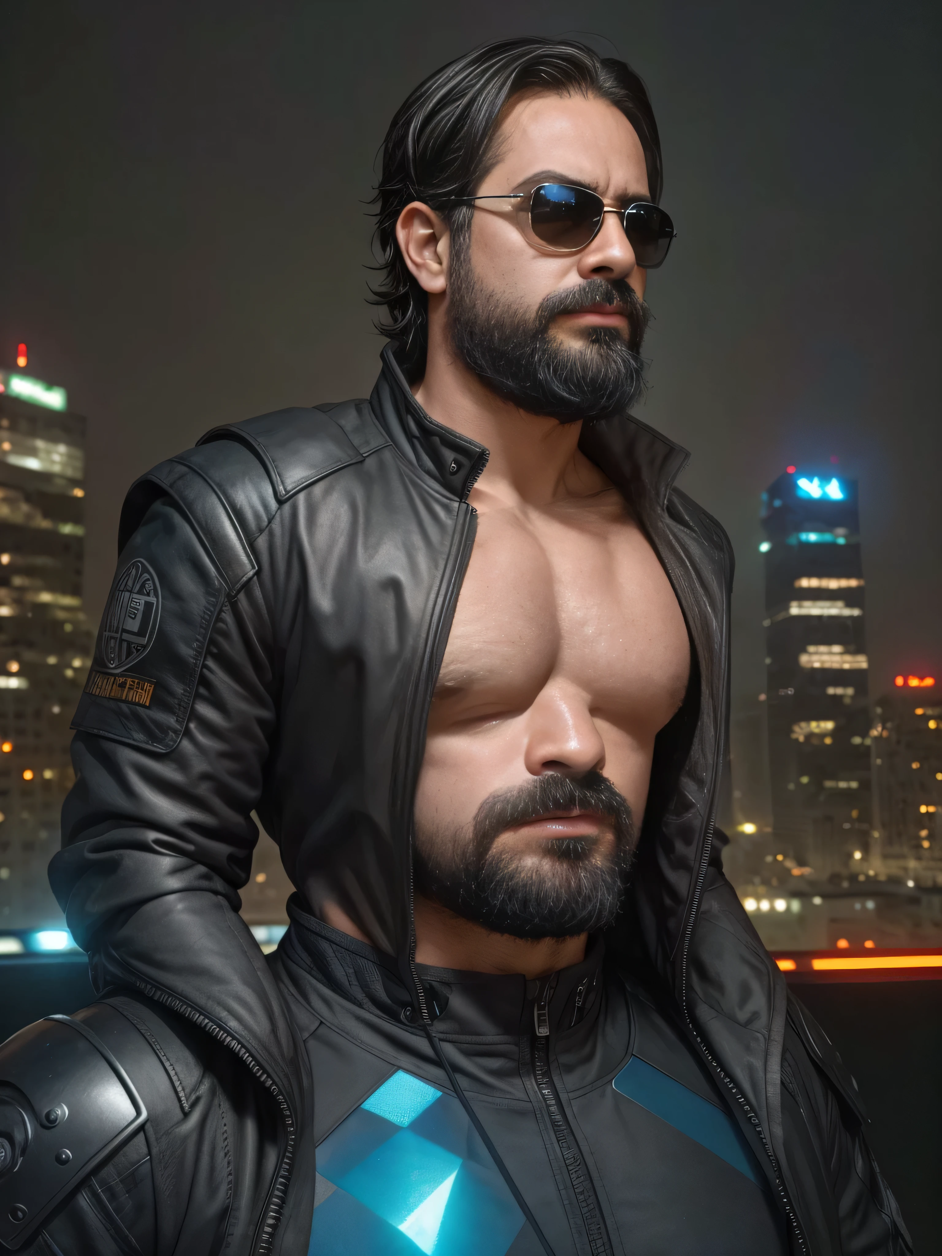 {
"prompt": "A very masculine 38-year-old man with a beard and wearing dark sunglasses, shown in a medium close-up shot displaying the upper part of his body. He is wearing a futuristic, sleek black armored jacket with subtle glowing blue accents. The background is a high-tech, cyberpunk cityscape at night, with towering neon-lit skyscrapers, flying vehicles, and holographic advertisements. The atmosphere is electric and vibrant, filled with the hum of advanced technology. The man stands confidently, his beard neatly groomed, exuding a sense of mystery and strength, perfectly fitting into the cutting-edge, cyberpunk environment.",
"size": "1024x1024"
}