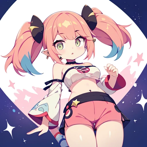 One Girl, alone, Perfect body, (highest quality:1.5), Tabletop, Hmph、Shaders、Great textured piece、(Pokemon:1.2)、Pink Hair、(Big twin tails:1.1)、(Tube top:1.3)、(hot pants:1.3)、(Star piercing in the ear:1.1)、Big ample breasts、I can see the valley、belly button、break、Sharp Eye、Three white eyes、Front Angle、Shoulders out、No sleeve、Glowing Eyes、
