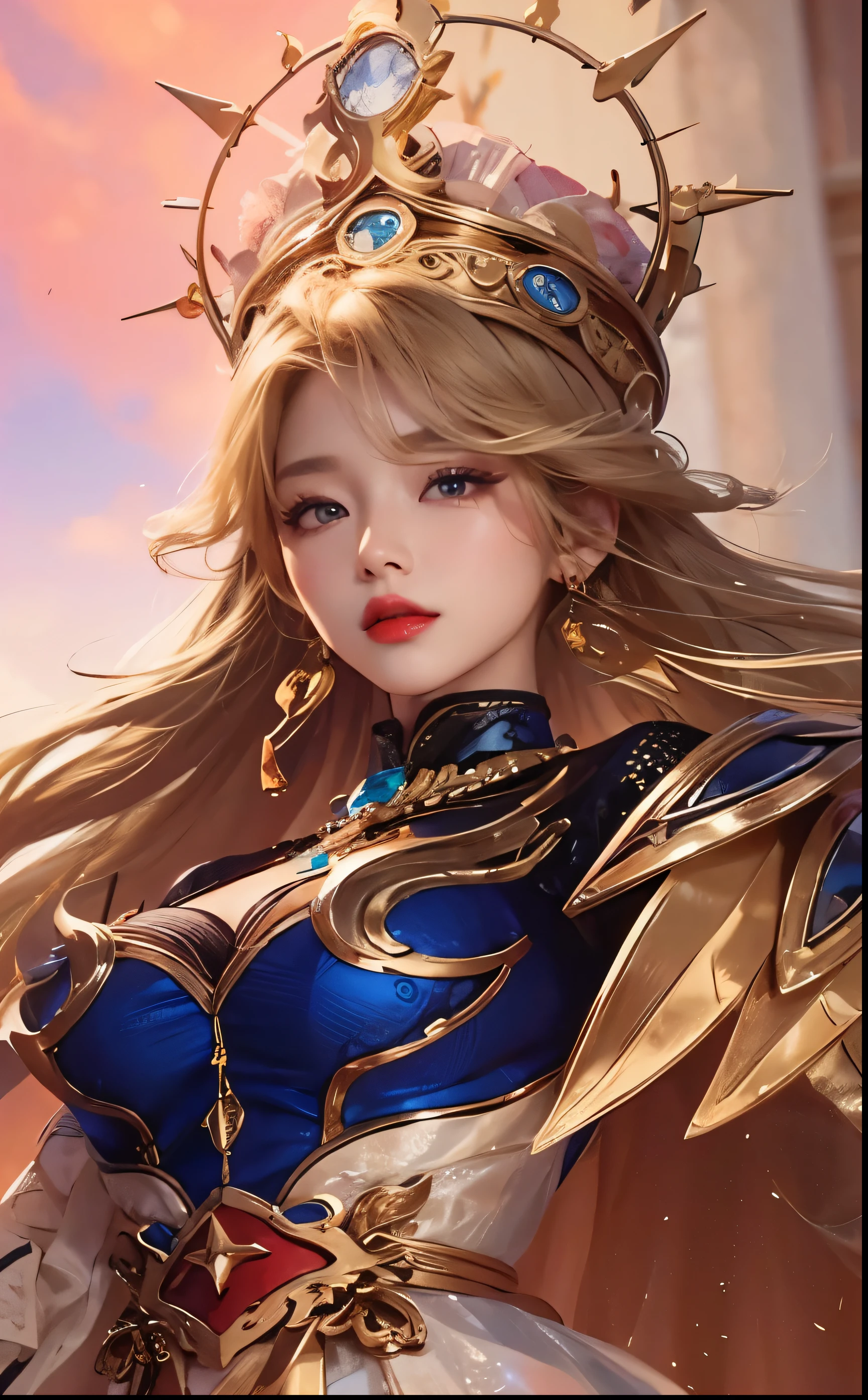 A beautiful korean woman,blonde hair,red lips,super realistic, high detailed 