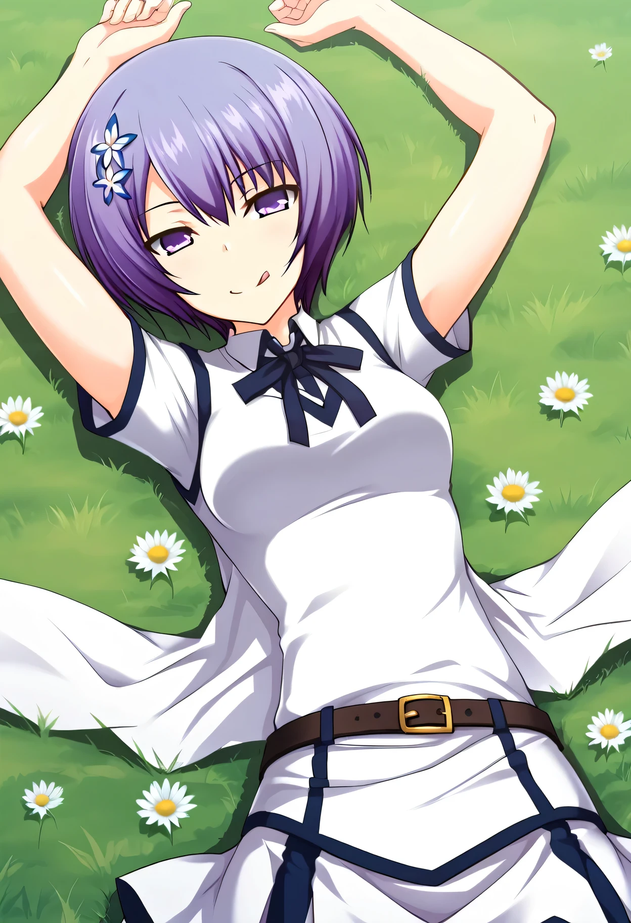 Shiina Miyako, purple hair, short hair, purple eyes, hair ornament, , short sleeves, white sweater vest, white shirt, white skirt, neck ribbon, black ribbon, high quality, looking at viewer, closed mouth, on back, on grass, arms up, spread arms, expressionless, (cowboy shot:1.5), lying, best quality, smirk, play dead, tongue out,