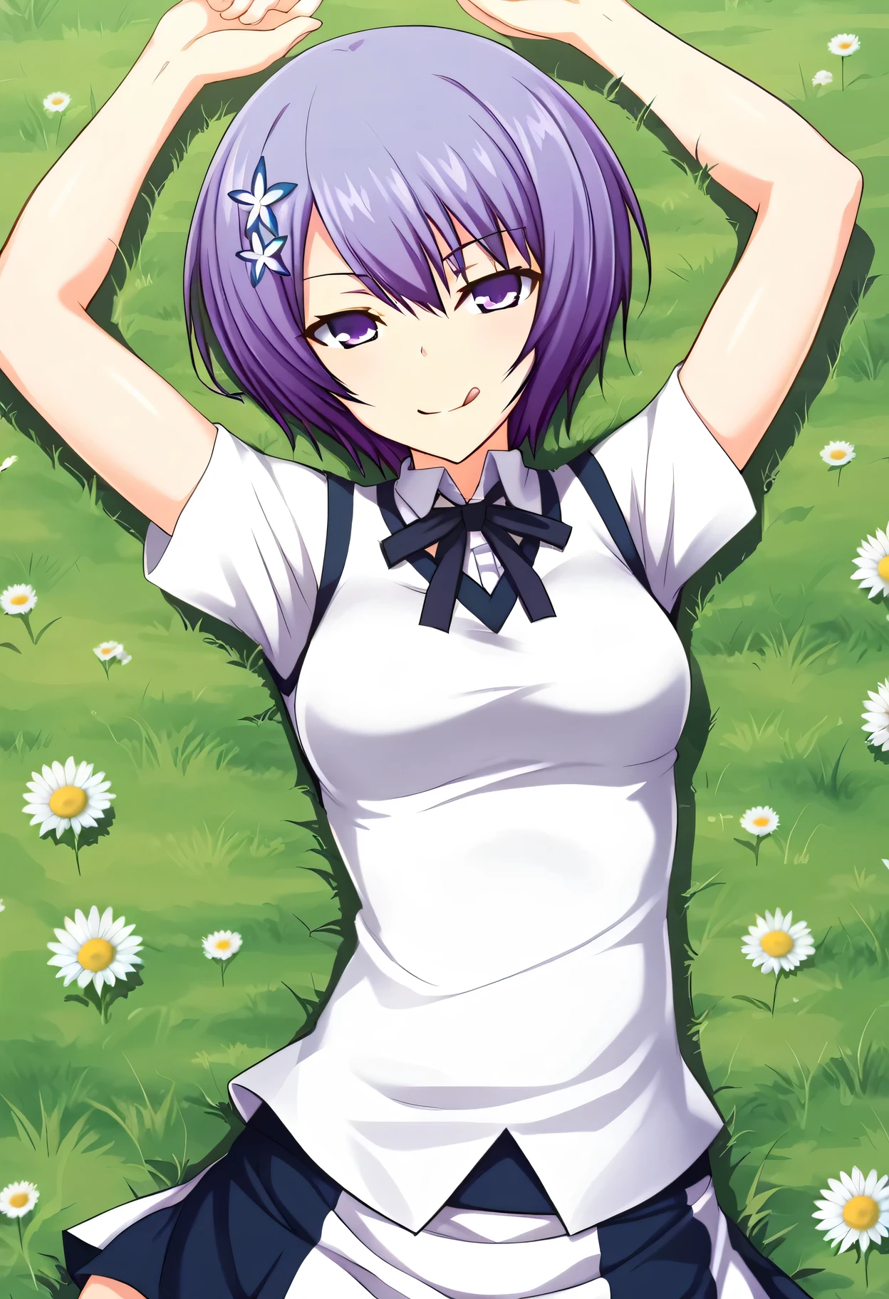 Shiina Miyako, purple hair, short hair, purple eyes, hair ornament, , short sleeves, white sweater vest, white shirt, white skirt, neck ribbon, black ribbon, high quality, looking at viewer, closed mouth, on back, on grass, arms up, spread arms, expressionless, (cowboy shot:1.5), lying, best quality, smirk, play dead, tongue out,