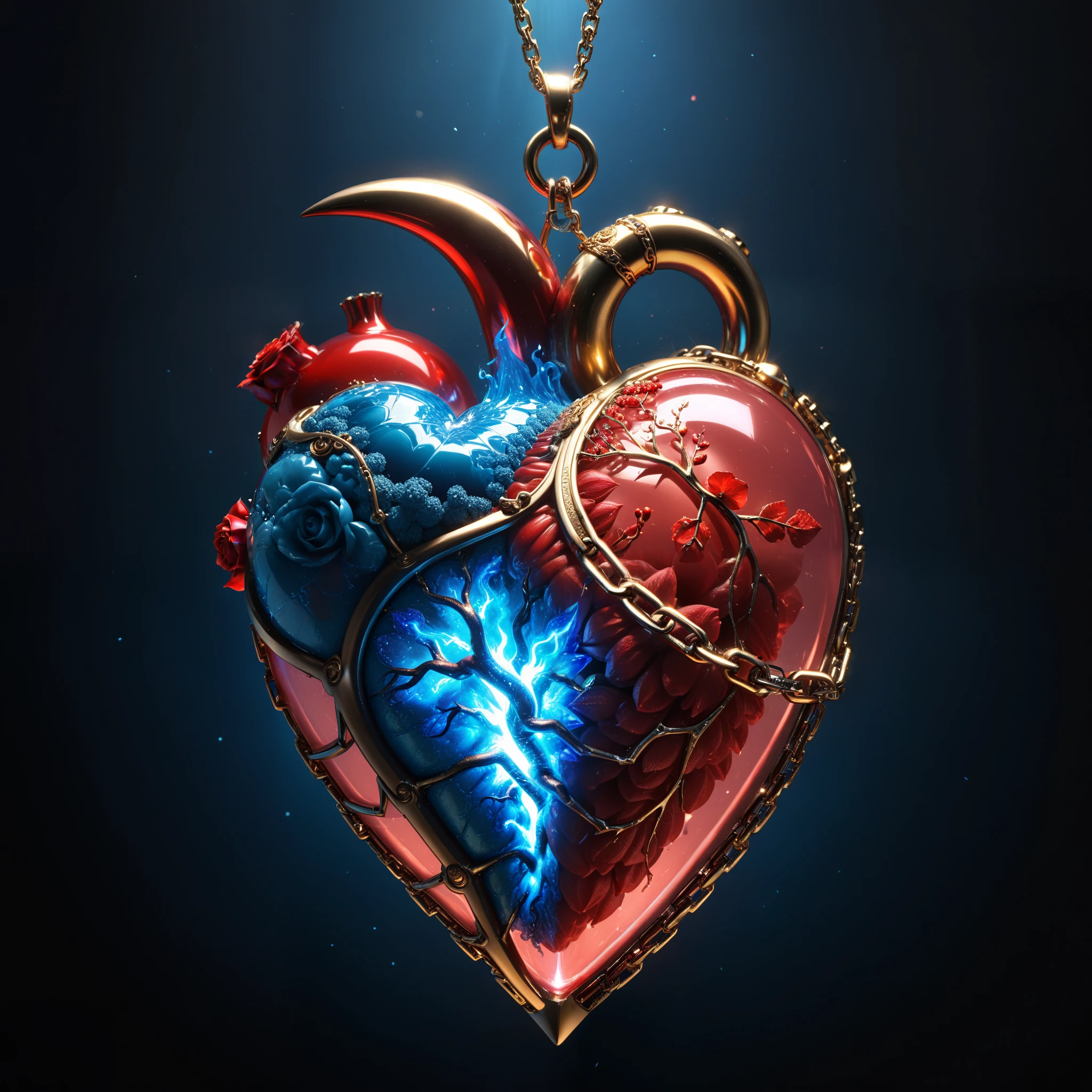 in style of John Bauer,(in style of by Liu Ye:0.9),
conceptual design of the transparent glass human heart (organ),(a glowing glass heart (organ) entangle in a metal chain and lightning bolt:1.3),(Flexible Polyhedron lines heart (organ) closeup:1.4),(Rose Quartz:1.3),(blue fire draws lines:1.6),
(the red crescent moon background:1.6),sharp,sharp image,(insanely detailed and intricate, hypermaximalist, elegant, ornate, hyper realistic, super detailed:1.1),extremely detailed,Amazing resolution,8k,Ray Tracing,masterpiece,Particle Effects,Beautiful Effects,
BREAK
(darkness:1.4),(extreme shadows:1.4),(Best Shadow:1.4),dark atmosphere,