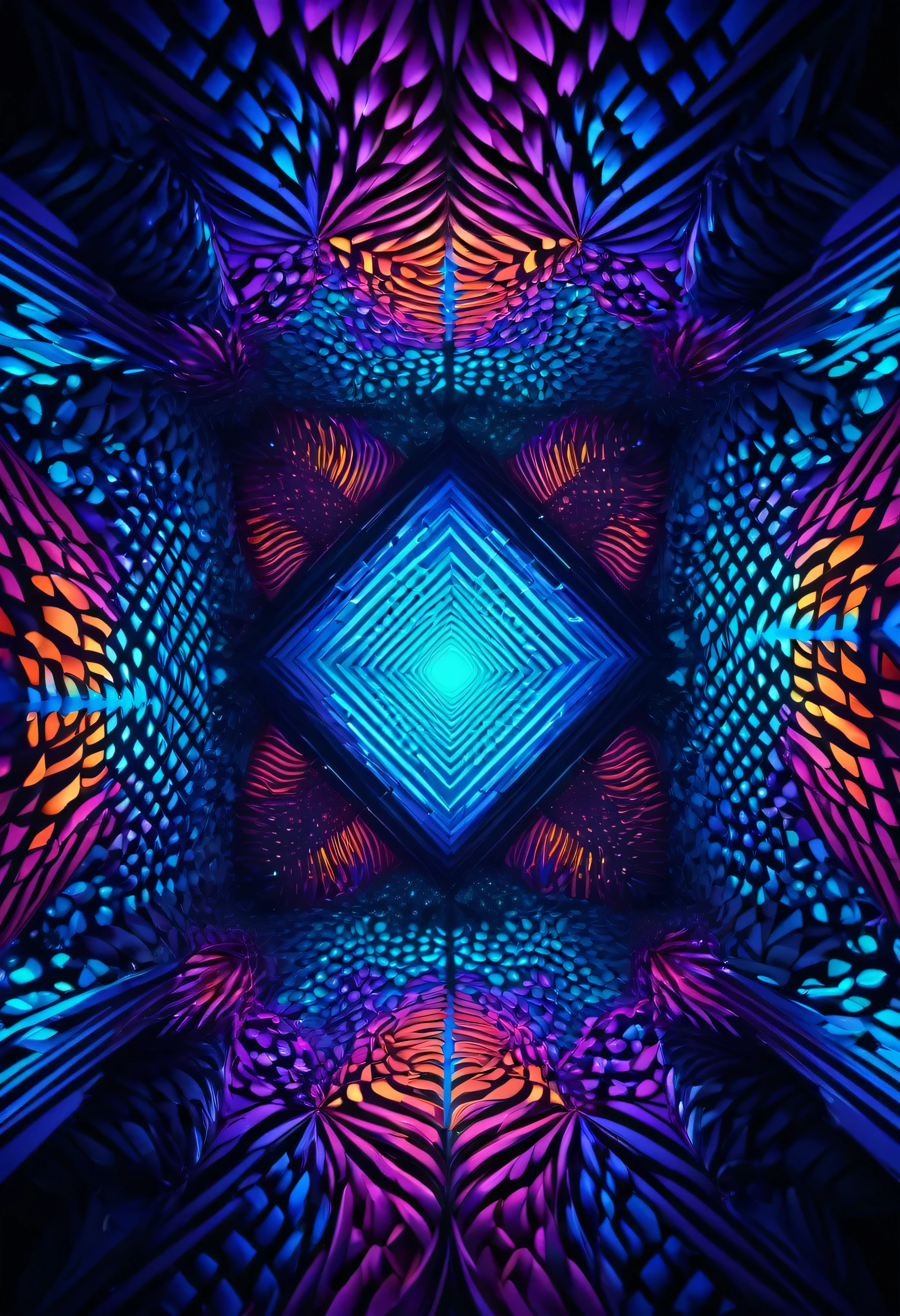 3d abstract background,highly detailed,intricate geometric patterns,fractals,surreal,psychedelic,neon colors,glowing,volumetric lighting,cinematic composition,masterpiece,best quality,8k,photorealistic,studio lighting,ultra-fine details,vibrant colors,dramatic lighting,depth of field