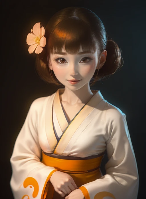 5 biologically correct fingers、Placing hand on face、A close-up of your face、Realistic, Real person, (Pale skin: 1.2), RAW Photos, Realistic, Shiny skin, Shiny Hair、(25 year old woman with bangs) and (Hair Bun) and (Brown Hair) and (Orange eyes) , (yukata) and (pink) and (Floral)、Embarrassing, smile, The background is the night of a Japanese summer festival.、alone、Are standing