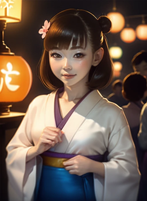 5 biologically correct fingers、Placing hand on face、A close-up of your face、Realistic, Real person, (Pale skin: 1.2), RAW Photos, Realistic, Shiny skin, Shiny Hair、(25 year old woman with bangs) and (Hair Bun) and (Brown Hair) and (Orange eyes) , (yukata) and (pink) and (Floral)、Embarrassing, smile, The background is the night of a Japanese summer festival.、alone、Are standing
