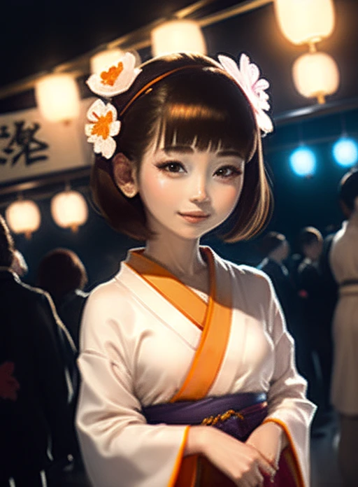 5 biologically correct fingers、Placing hand on face、A close-up of your face、Realistic, Real person, (Pale skin: 1.2), RAW Photos, Realistic, Shiny skin, Shiny Hair、(25 year old woman with bangs) and (Hair Bun) and (Brown Hair) and (Orange eyes) , (yukata) and (pink) and (Floral)、Embarrassing, smile, The background is the night of a Japanese summer festival.、alone、Are standing
