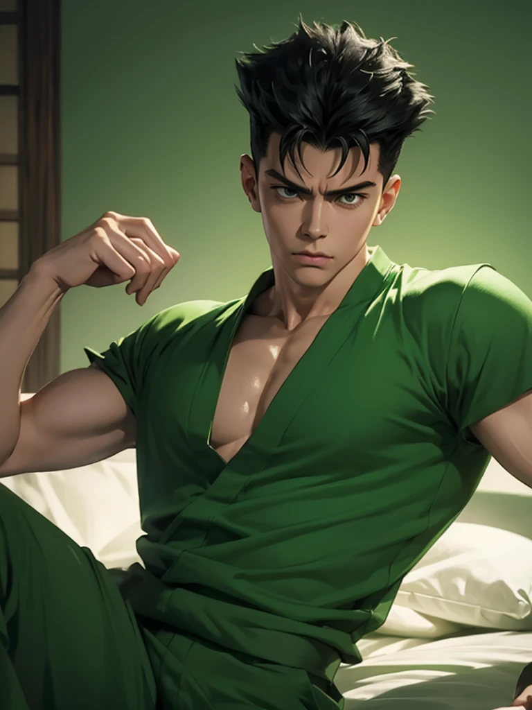 Half body photorealistiic 4k , yusuke urameshi of Yu Yu Hakusho, wearing Green, in action