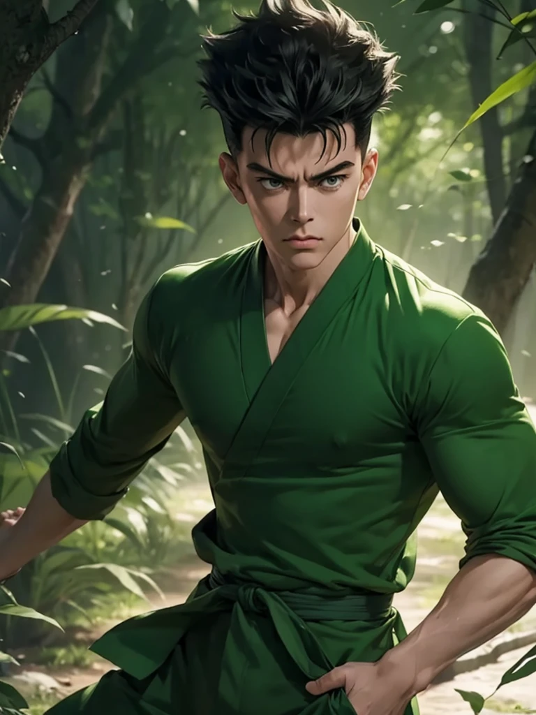 Half body photorealistiic 4k , yusuke urameshi of Yu Yu Hakusho, wearing Green, in action