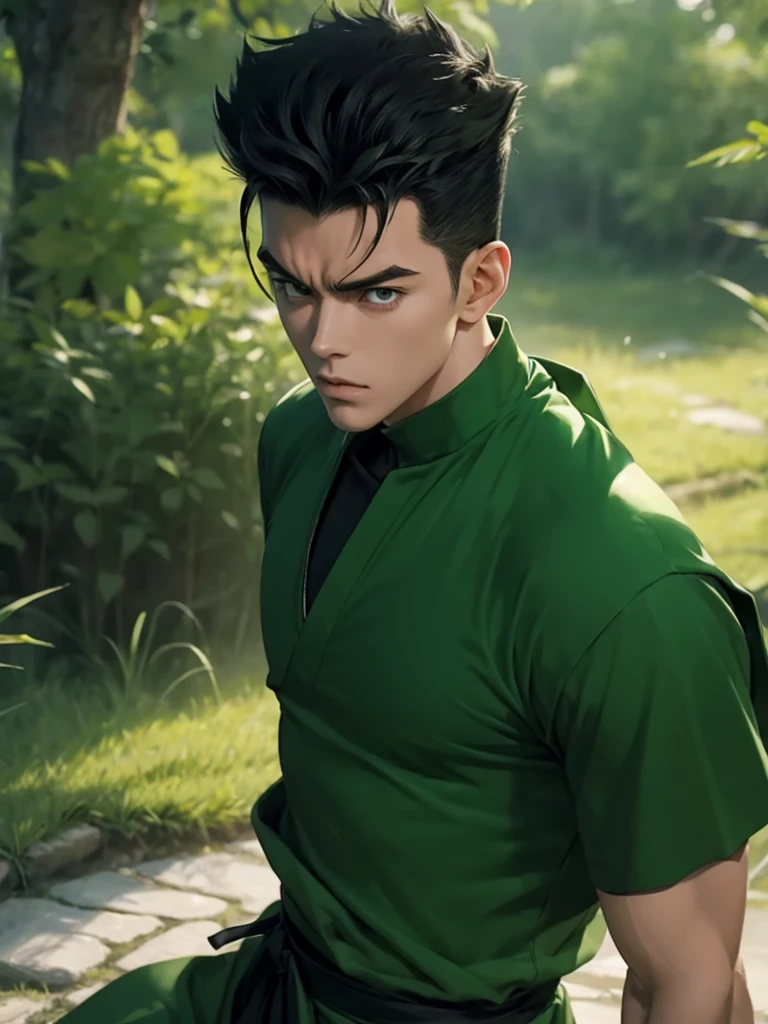 Half body photorealistiic 4k , yusuke urameshi of Yu Yu Hakusho, wearing Green, in action