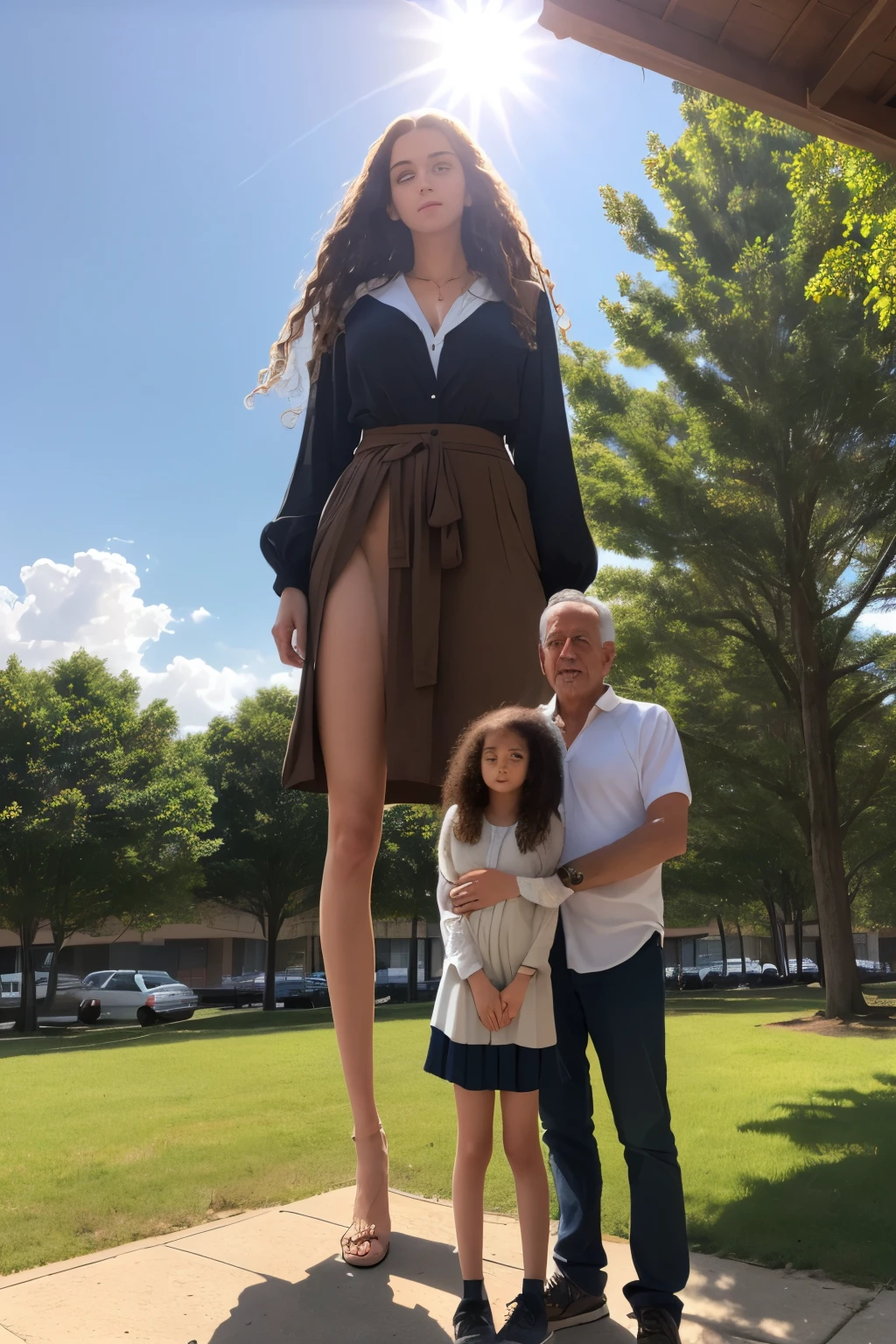 Photo of a 25-year-old towering giants' daughter, raw, (Stark contrast), (Extraordinary height:1.3), (Nine-foot tall:1.25), ((Short father:1.3)), (A miniature man), ((Detailed expression of awe and affection)), (Brown hair:1.1), (Long, flowy locks falling over her shoulders), ((Mixed feelings on her face)), ((Pale skin, juxtaposed with her father's sun-kissed complexion)), ((Father stands on tip-toes, reaching up to hold onto her waist)), (Outdoor environment:1.3), (Park