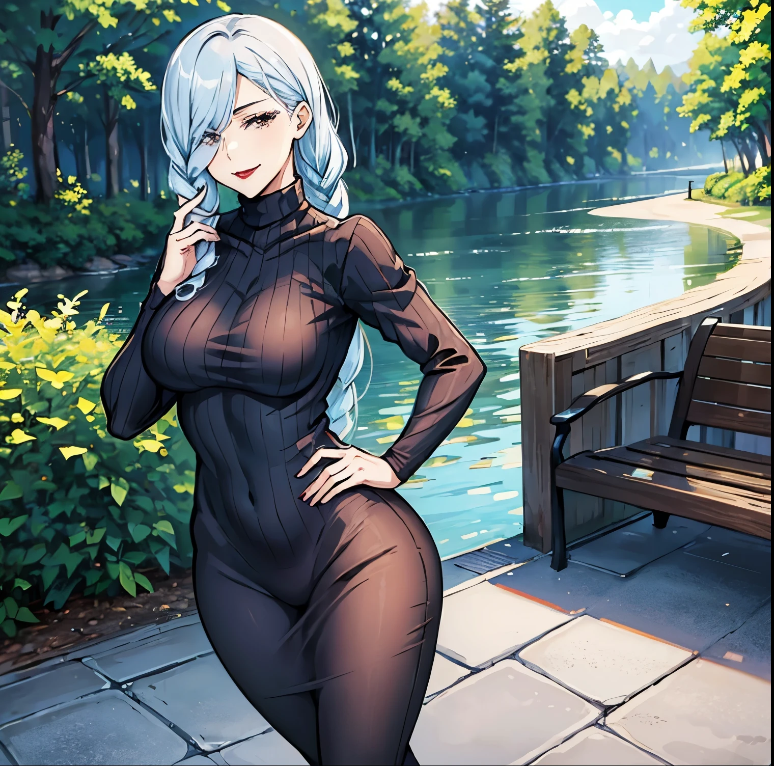 1 girl, alone, mei mei, masterpiece, best quality: 1.2), smile, red lips, ponytail, black sweater, (ribbed sweater), alone, (collarbone), tight clothing, open air, no menswear, ( long_locks), (thick_locks), head tilted, silver hair, she is in the center of the image, cowboy photo, standing, (((hand on chin))), looking at viewer, from behind, point of view (from below), big breasts, medium waist, wide hips, medium thighs, round butt, outdoors, bench, perfect anatomy, perfect hands