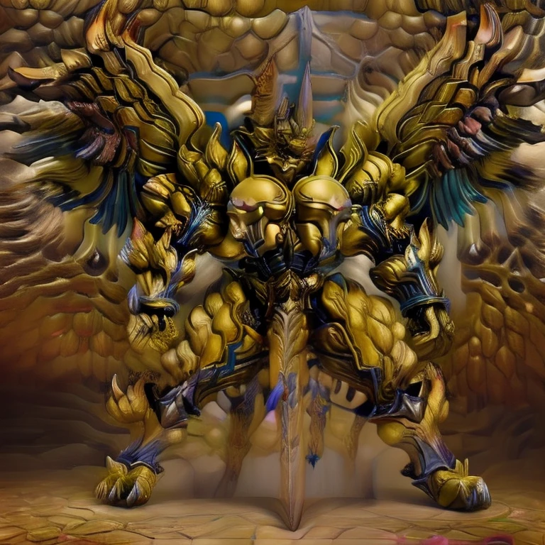 (Pokémon) (Zeraora), (masterpiece, best quality, detailed:1.2), (nj5furry), (medieval armor:1.3) sparkling skin, Vibrant colors, 4K, GOLD armor, Its full plate armor emphasizes the muscles. big muscle (pecs, triceps, traps) unusually developed muscular body, body full of huge muscles. showing off muscles, pectorales enormes. Exaggeratedly huge muscles. Gigachad Muscular, Very muscular, Large pecs, Spread wings, It has wings. have big wings. has 10 large wings. It has large golden wings. The feathers on its wings are detailed and realistic. FULL BODY, giant, huge body, long legs, gigantic, sitting on the throne,