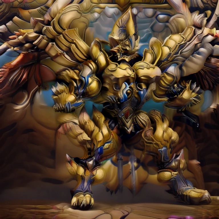 (Pokémon) (Zeraora), (masterpiece, best quality, detailed:1.2), (nj5furry), (medieval armor:1.3) sparkling skin, Vibrant colors, 4K, GOLD armor, Its full plate armor emphasizes the muscles. big muscle (pecs, triceps, traps) unusually developed muscular body, body full of huge muscles. showing off muscles, pectorales enormes. Exaggeratedly huge muscles. Gigachad Muscular, Very muscular, Large pecs, Spread wings, It has wings. have big wings. has 10 large wings. It has large golden wings. The feathers on its wings are detailed and realistic. FULL BODY, giant, huge body, long legs, gigantic, sitting on the throne,