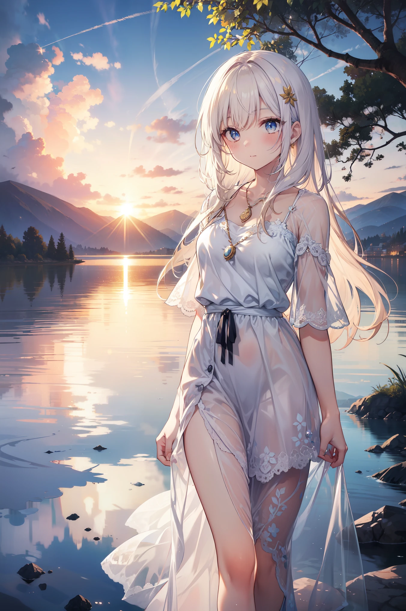 1 girl, Calm expression, Captivating eyes, Straight Long Hair, loose fitting dress, Calm posture, Porcelain-like skin, A faint blush, Crystal Pendant BREAK Golden Hour, (Rim Light):1.2, Warm tones, Solar flare, Soft Shadows, Vibrant colors, Painterly effect, Dream-like atmosphere BREAK Beautiful lake, Distant Mountain々, Willow Tree, Calm water, reflection, Sunlit clouds, Peaceful atmosphere, Beautiful sunset, Super detailed, Official Art, unity 8k wallpaper
, Zentangle, Mandala
