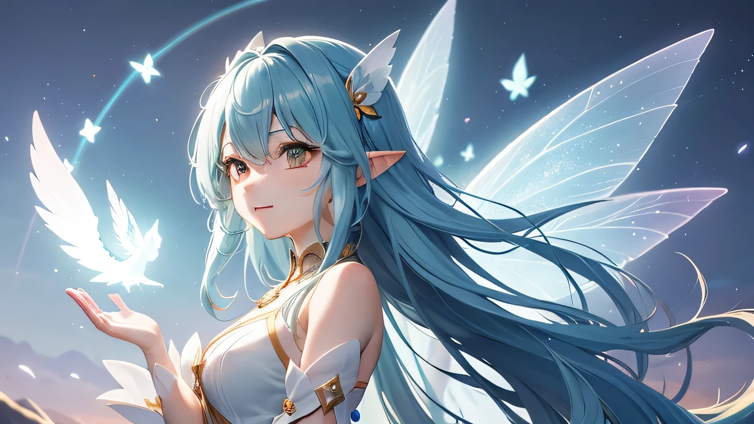 Generate a new character image with fairy elements。bright plumage、Mysterious Light、and、A unique fairy with characteristics that blend in with nature、Please draw it neatly。