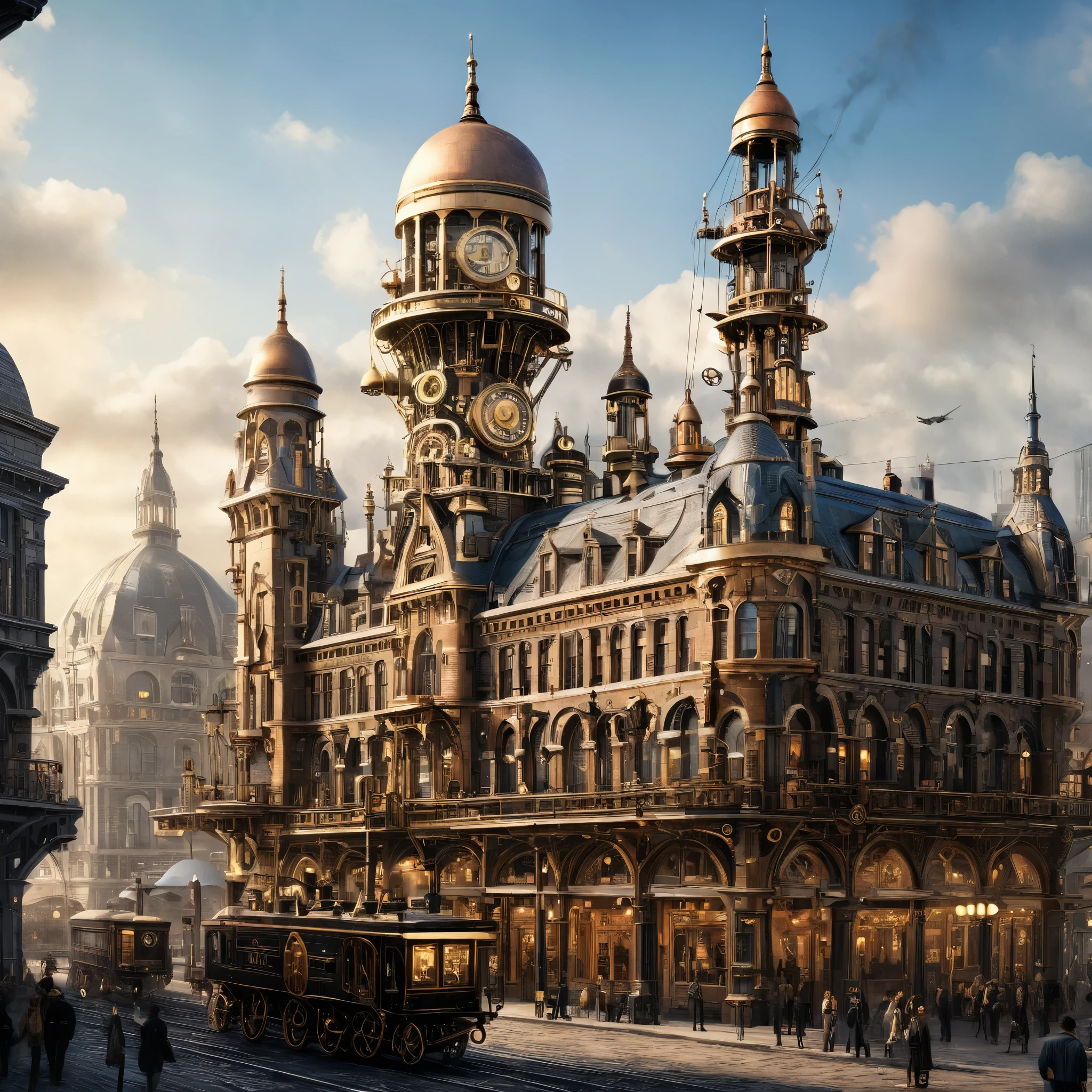 A cityscape with steampunk-style buildings and technology, combining Victorian-era aesthetics with advanced machinery, photorealistic, digitally enhanced.