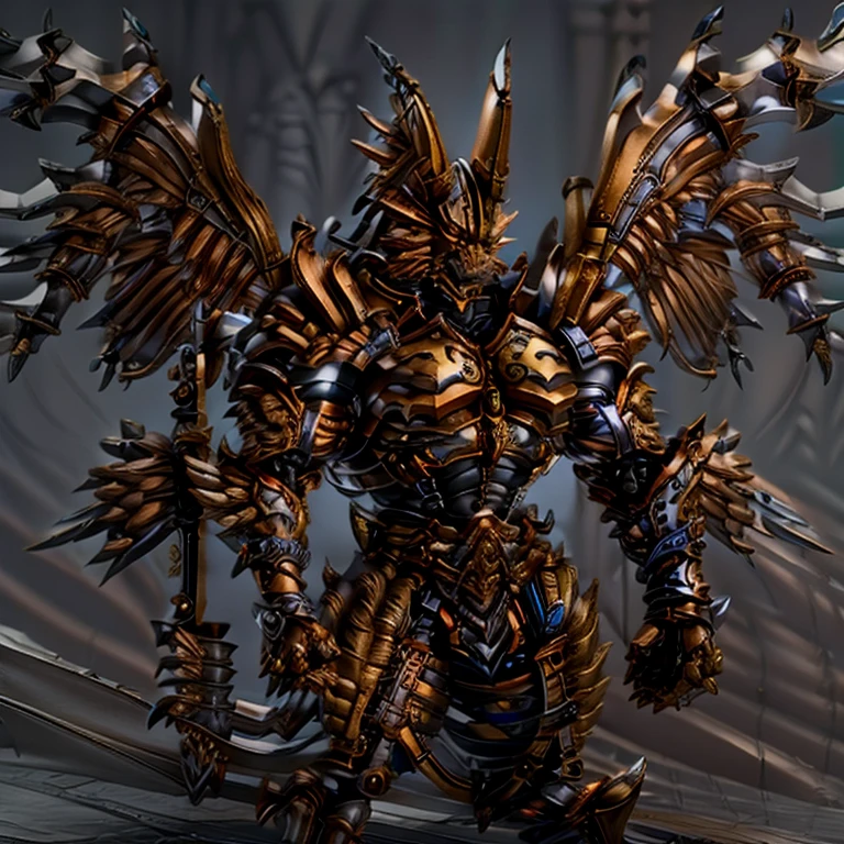 (Pokémon) (Zeraora), (masterpiece, best quality, detailed:1.2), (nj5furry), (medieval armor:1.3) sparkling skin, Vibrant colors, 4K, GOLD armor, Its full plate armor emphasizes the muscles. big muscle (pecs, triceps, traps) unusually developed muscular body, body full of huge muscles. showing off muscles, pectorales enormes. Exaggeratedly huge muscles. Gigachad Muscular, Very muscular, Large pecs, Spread wings, It has wings. have big wings. has 10 large wings. It has large golden wings. The feathers on its wings are detailed and realistic. FULL BODY, giant, huge body, long legs, gigantic, sitting on the throne,