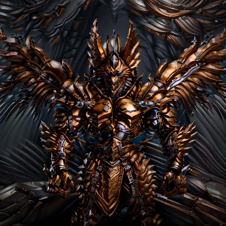 (Pokémon) (Zeraora), (masterpiece, best quality, detailed:1.2), (nj5furry), (medieval armor:1.3) sparkling skin, Vibrant colors, 4K, GOLD armor, Its full plate armor emphasizes the muscles. big muscle (pecs, triceps, traps) unusually developed muscular body, body full of huge muscles. showing off muscles, pectorales enormes. Exaggeratedly huge muscles. Gigachad Muscular, Very muscular, Large pecs, Spread wings, It has wings. have big wings. has 10 large wings. It has large golden wings. The feathers on its wings are detailed and realistic. FULL BODY, giant, huge body, long legs, gigantic, sitting on the throne,