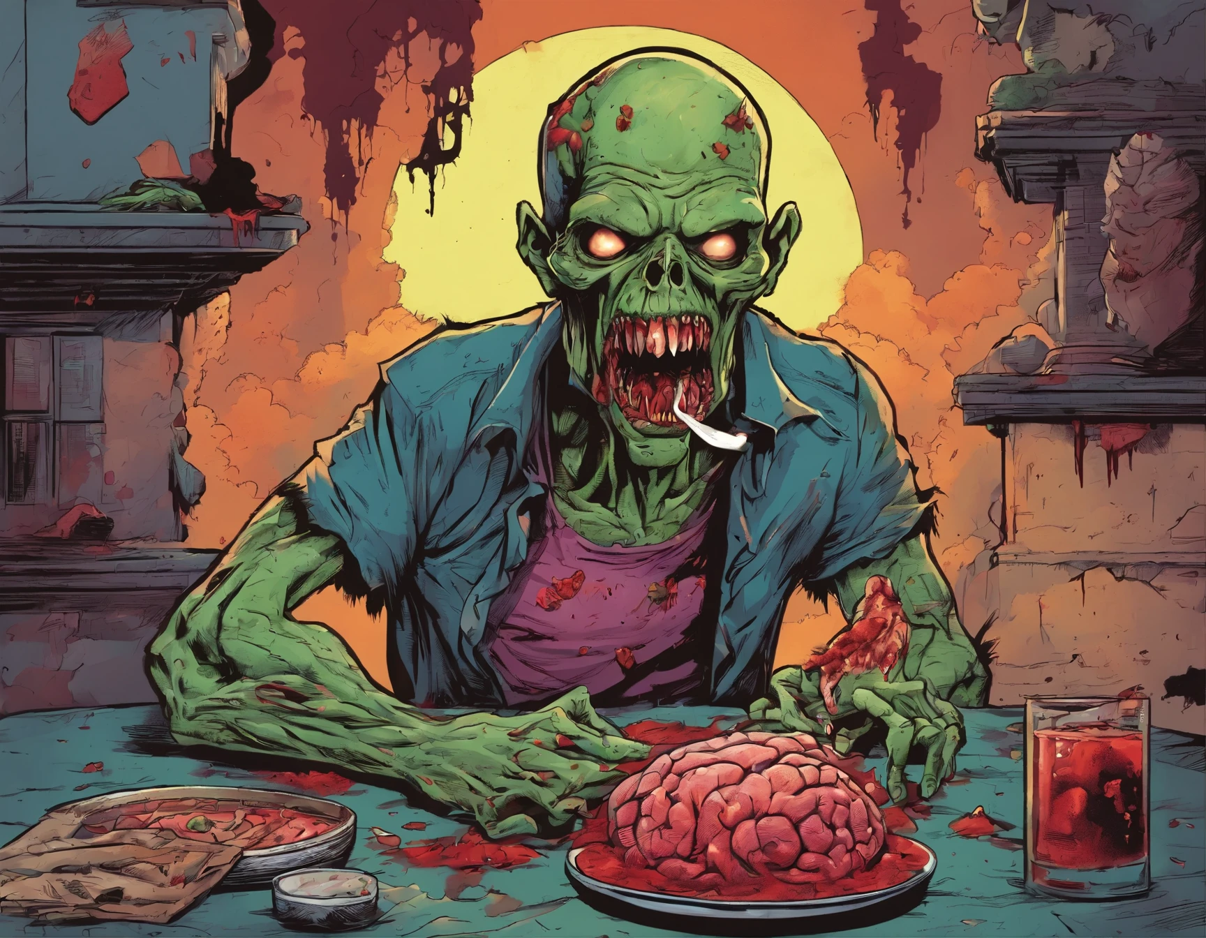 a zombie eating a brain, retro comic horror art 