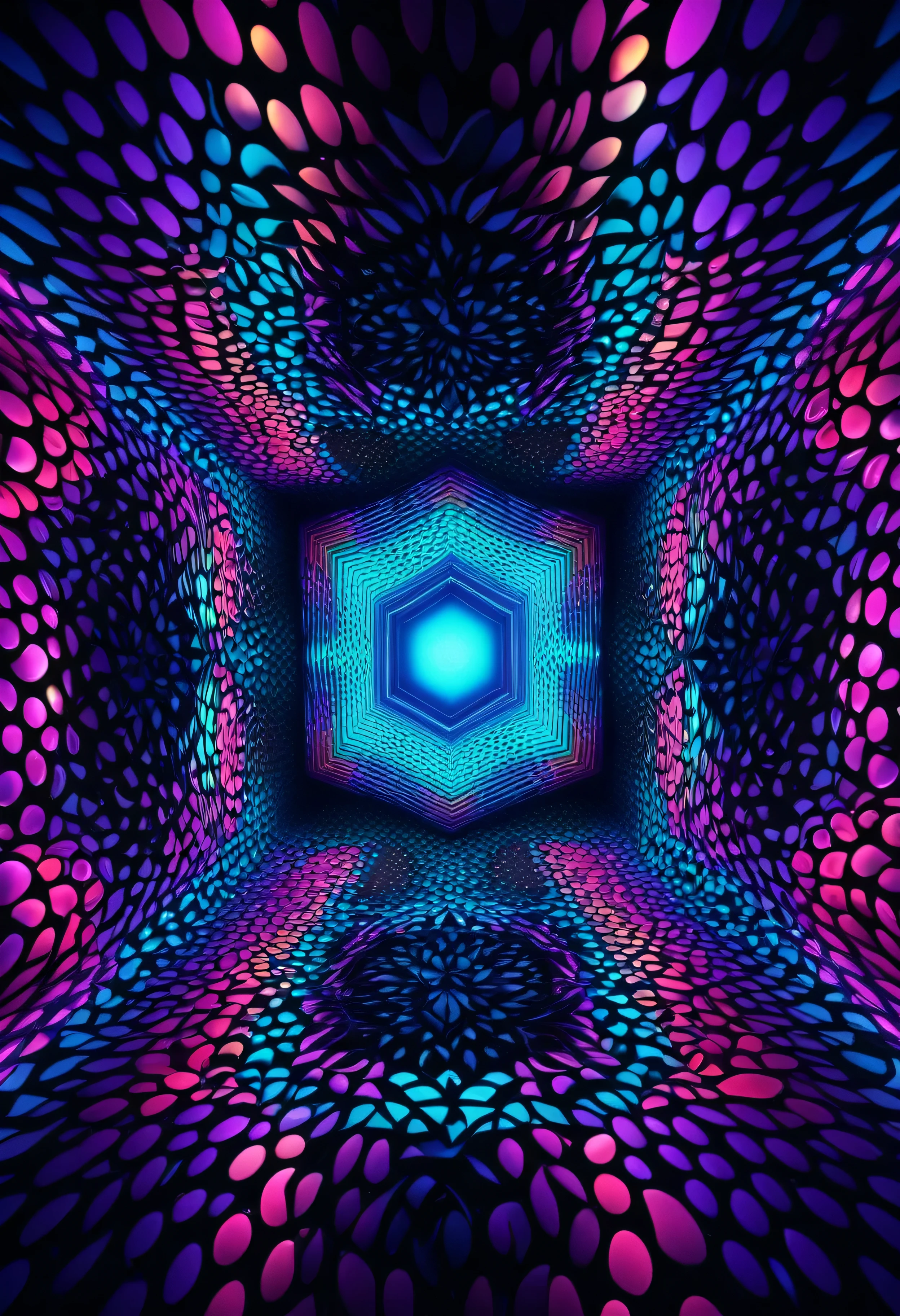 3d abstract background,highly detailed,intricate geometric patterns,fractals,surreal,psychedelic,neon colors,glowing,volumetric lighting,cinematic composition,masterpiece,best quality,8k,photorealistic,studio lighting,ultra-fine details,vibrant colors,dramatic lighting,depth of field