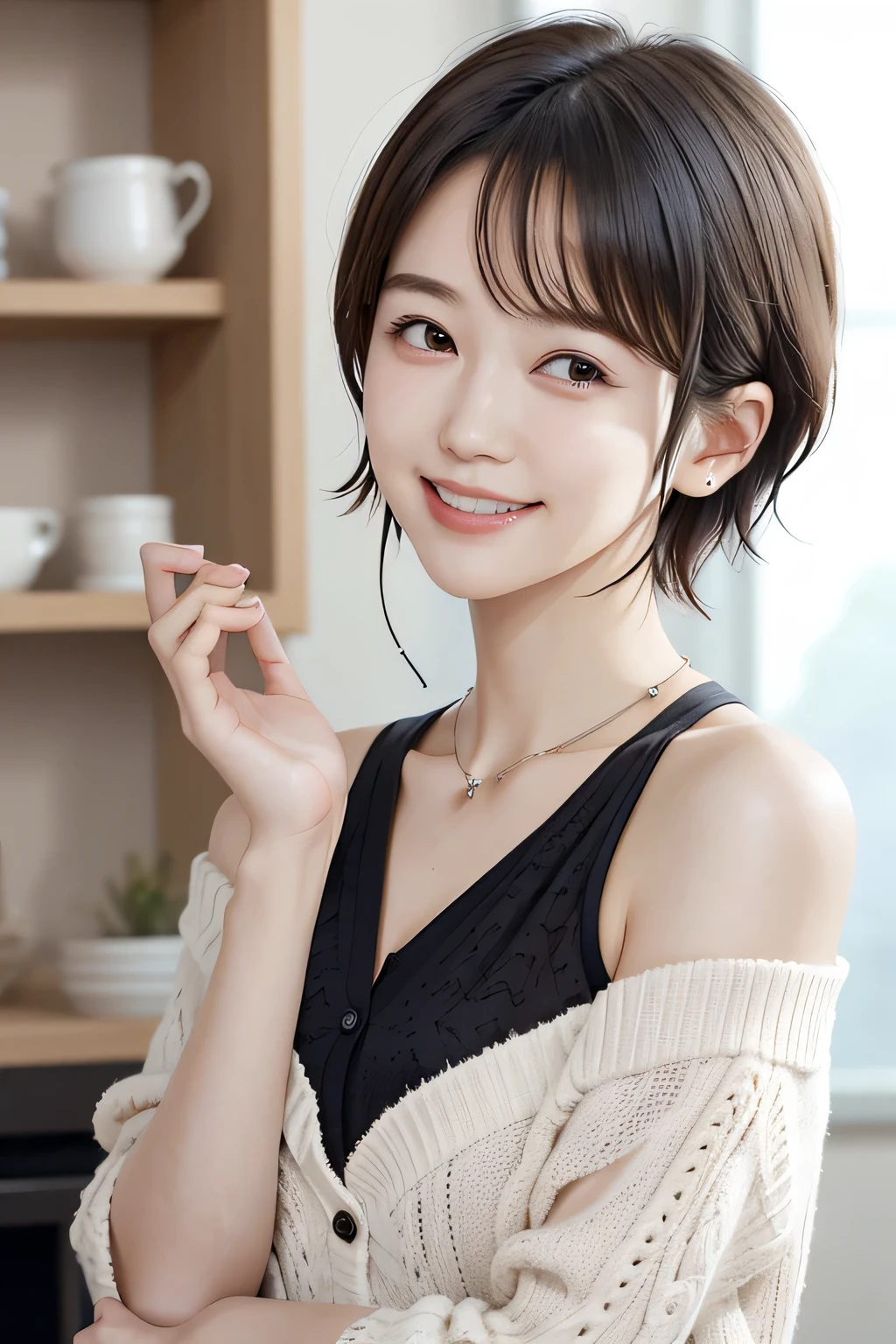 205 ((short hair)), 20-year-old female, In underwear、Put a cardigan over your shoulders、 A refreshing smile、Mask on mouth、Black Hair、ear piercing、Necklace around the neck、