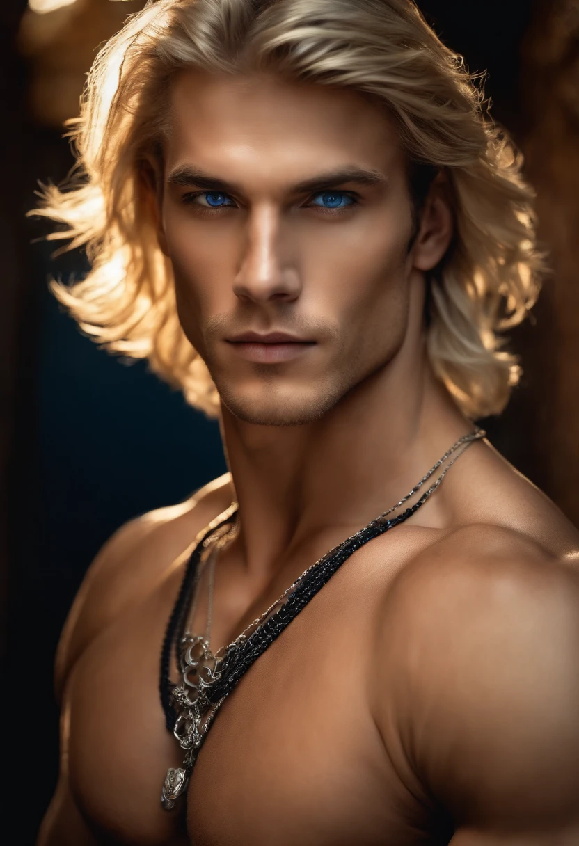 1 man, Beautiful eyes and face details, shirtless, nice body and defined muscles, best quality, blonde hair, blue eyes, Close-up, toned body, (male model) warm skin, master piece, Best qualities, Older man beautiful in the world, tattoo with superman symbol,